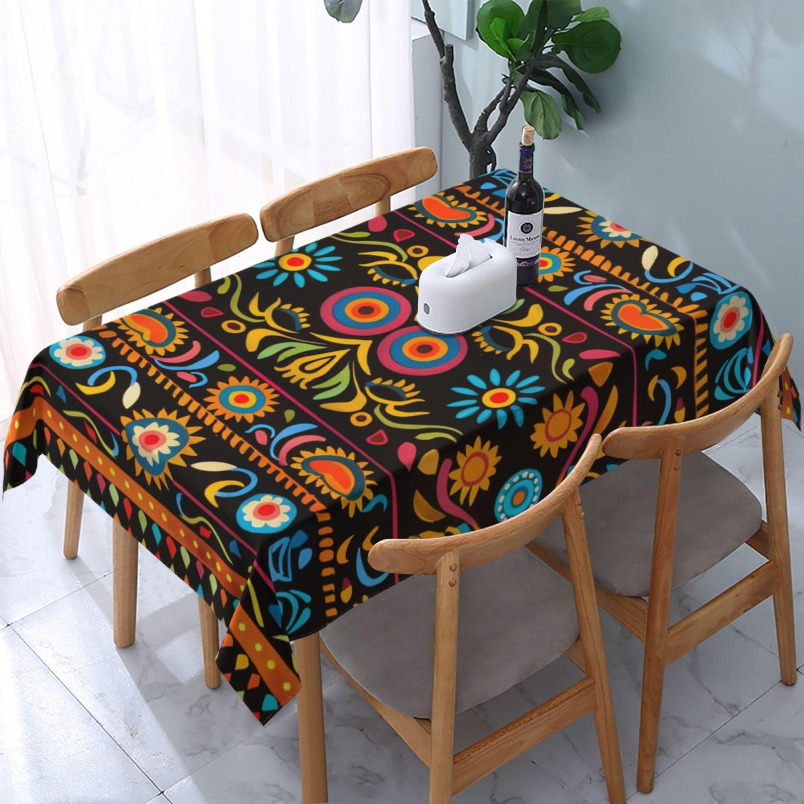 WPKJU Mexican Folk Art Boho Printed Tablecloth Water Resistant Table Cover Washable Rectangle Table Cloth for Tables 54x72 in