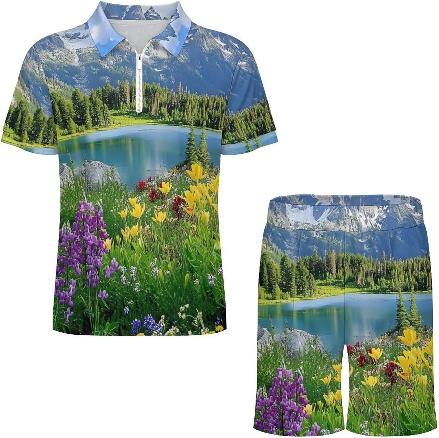 Mountain Grand Teton Landscape Lakeside Mens Polo Shirts Track Suits 2 Piece Short Sleeve Sweatsuit 1/4 Zip Golf Loungewear for Sports