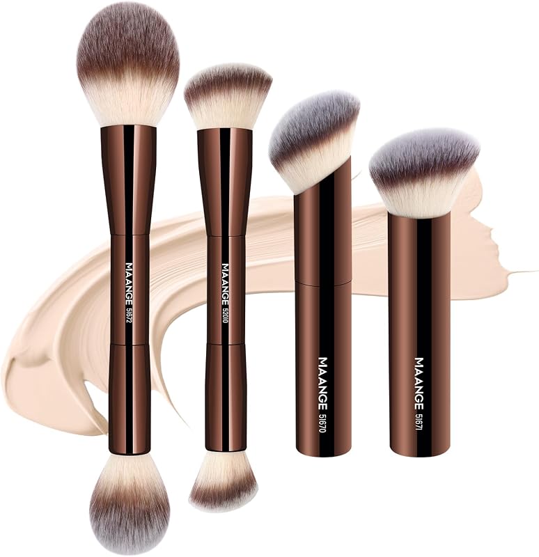 4 PCS Foundation Makeup Brush Set Double-ended Kabuki Contour Brush for Liquid Powder Concealer Cream Cosmetics Blending Blush Face Makeup Tools Kit (Coffee)