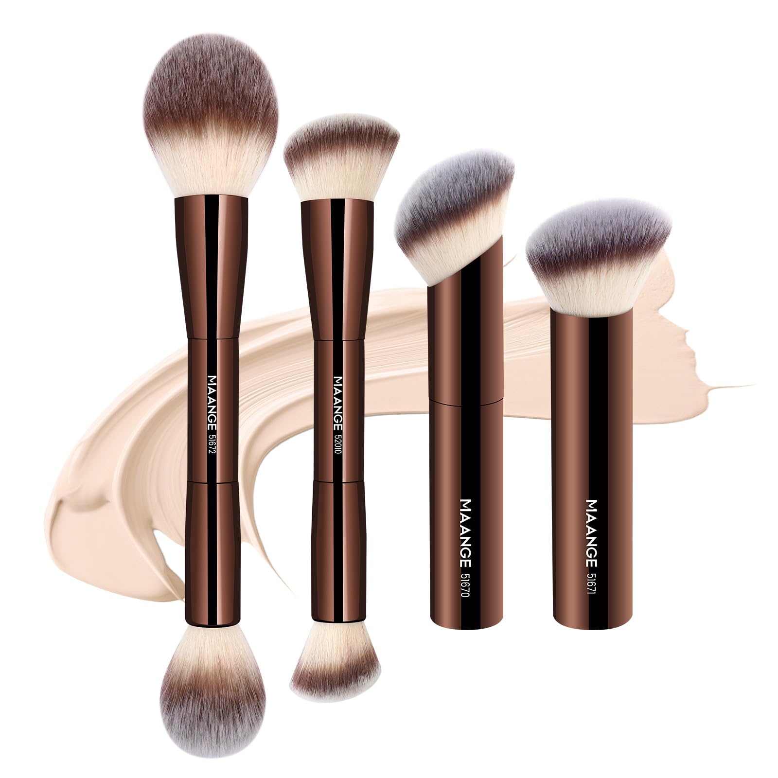 4 PCS Foundation Makeup Brush Set Double-ended Kabuki Contour Brush for Liquid Powder Concealer Cream Cosmetics Blending Blush Face Makeup Tools Kit (Coffee)