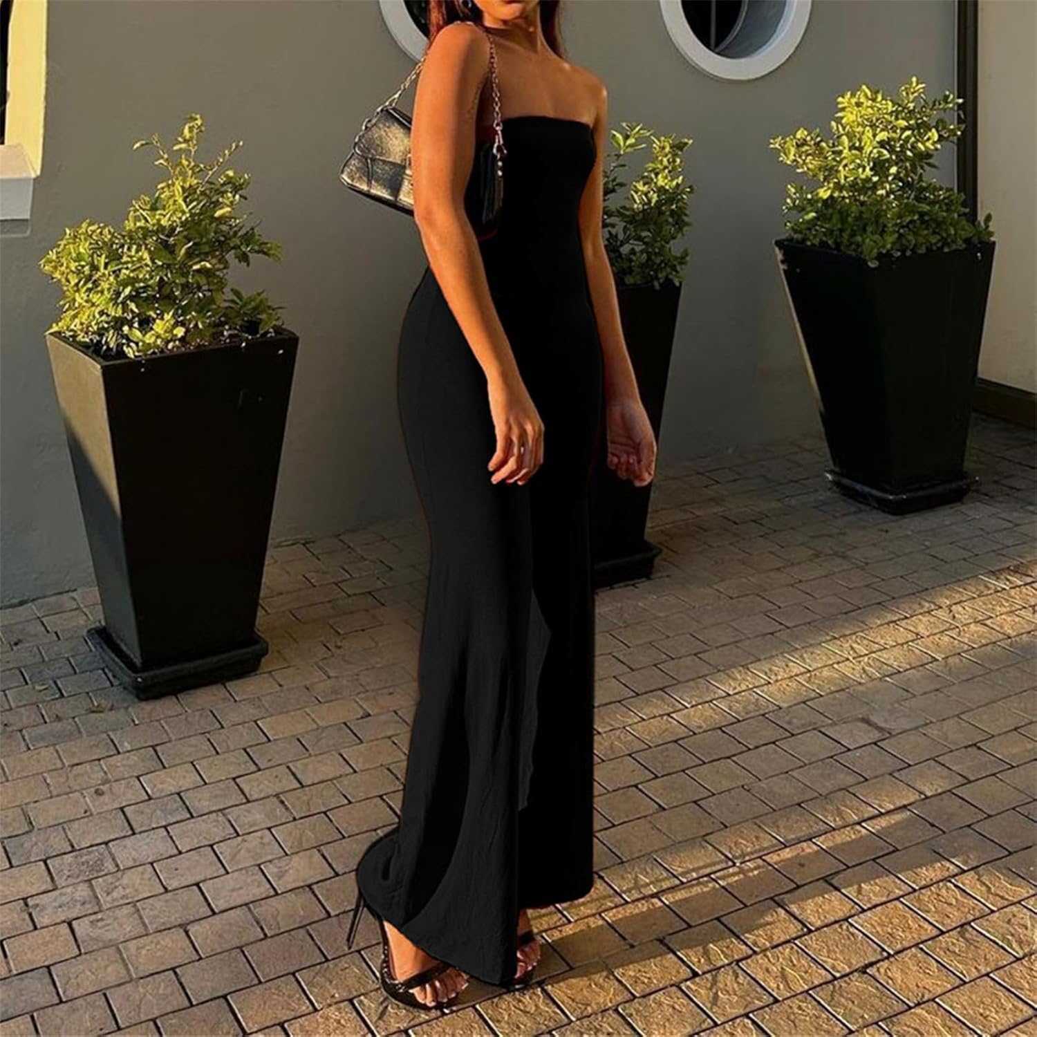 ECHOINE Women Bodycon Tube Top Wide Leg Jumpsuit Off Shoulder Long Pant Romper - Image 2