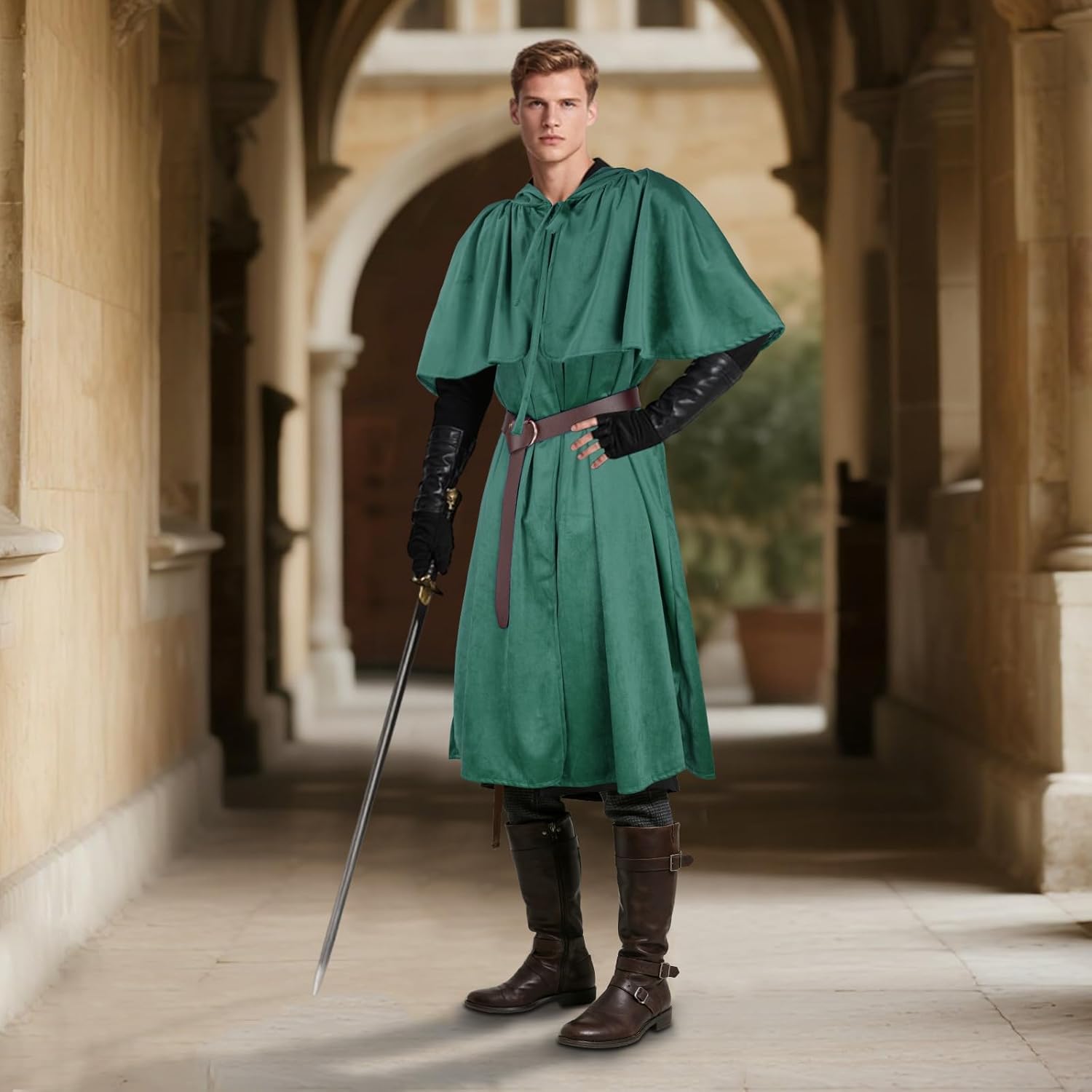 Renaissance Hooded Cape with Vintage Belt Medieval Cloak for Women and Men Hobbit Halloween Costume - Image 6