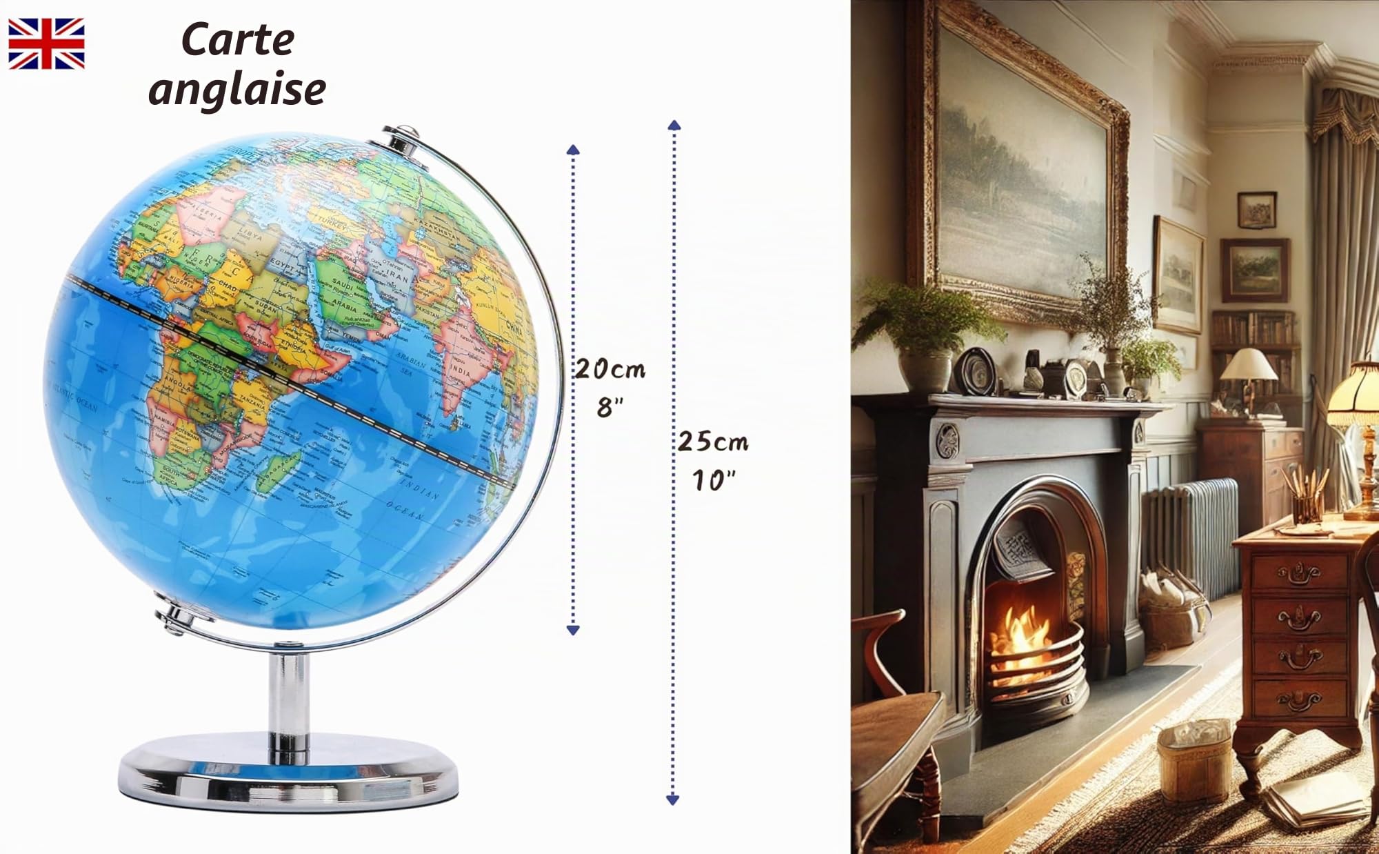 Exerz Globe Terrestre 20cm, Carte en Anglais, Globe Politique Moderne, Décoratif et Éducatif avec Arc et Base en Acier Inoxydable