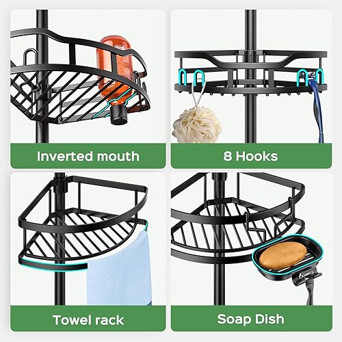 Miniatura 3 de HAMITOR Poste de tensión para ducha estante organizador de baño de esquina a prueba de óxido de instalación rápida en el suelo para inquilinos,