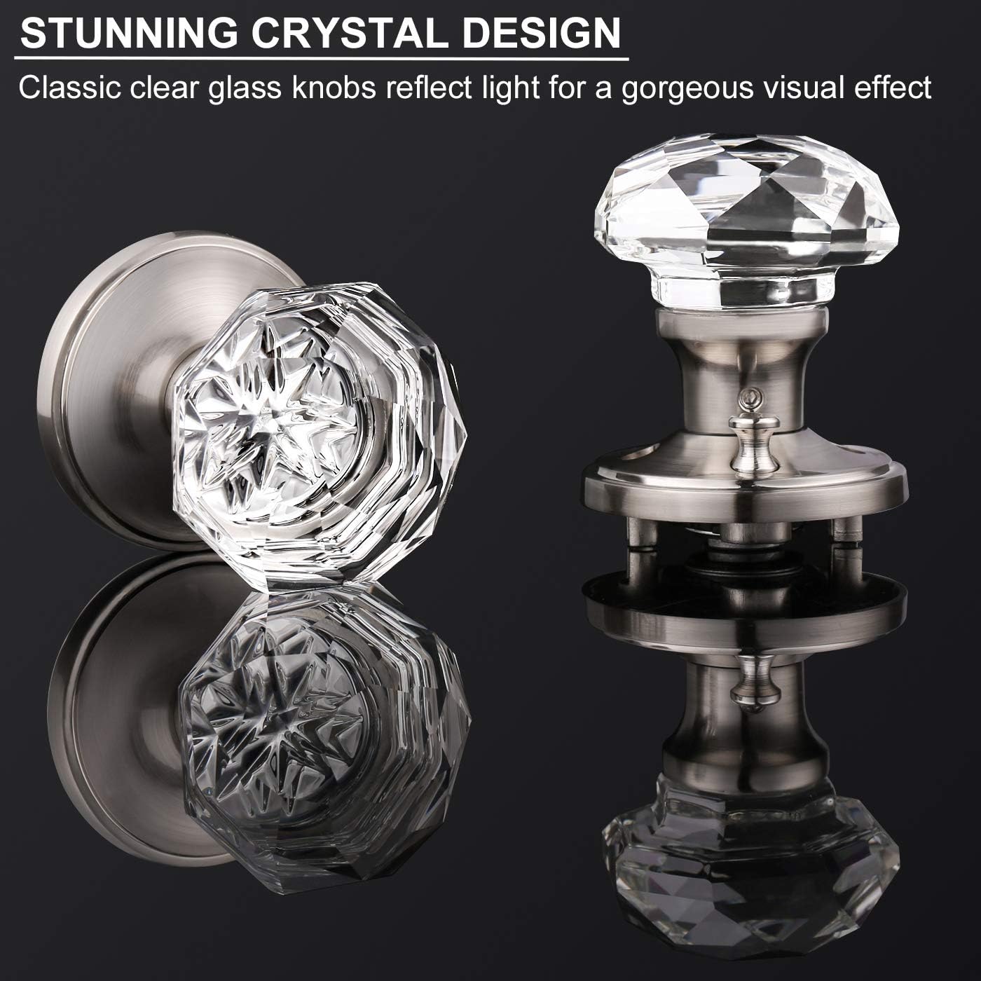 Knobonly 3 Pack Genuine Crystal Privacy Door Knobs for Bed/Bath, Interior Door Handles Satin Nickel Finish with Classic Rosette, Heavy Duty Modern Door Handles&Knob Sets-Diamond Shape
