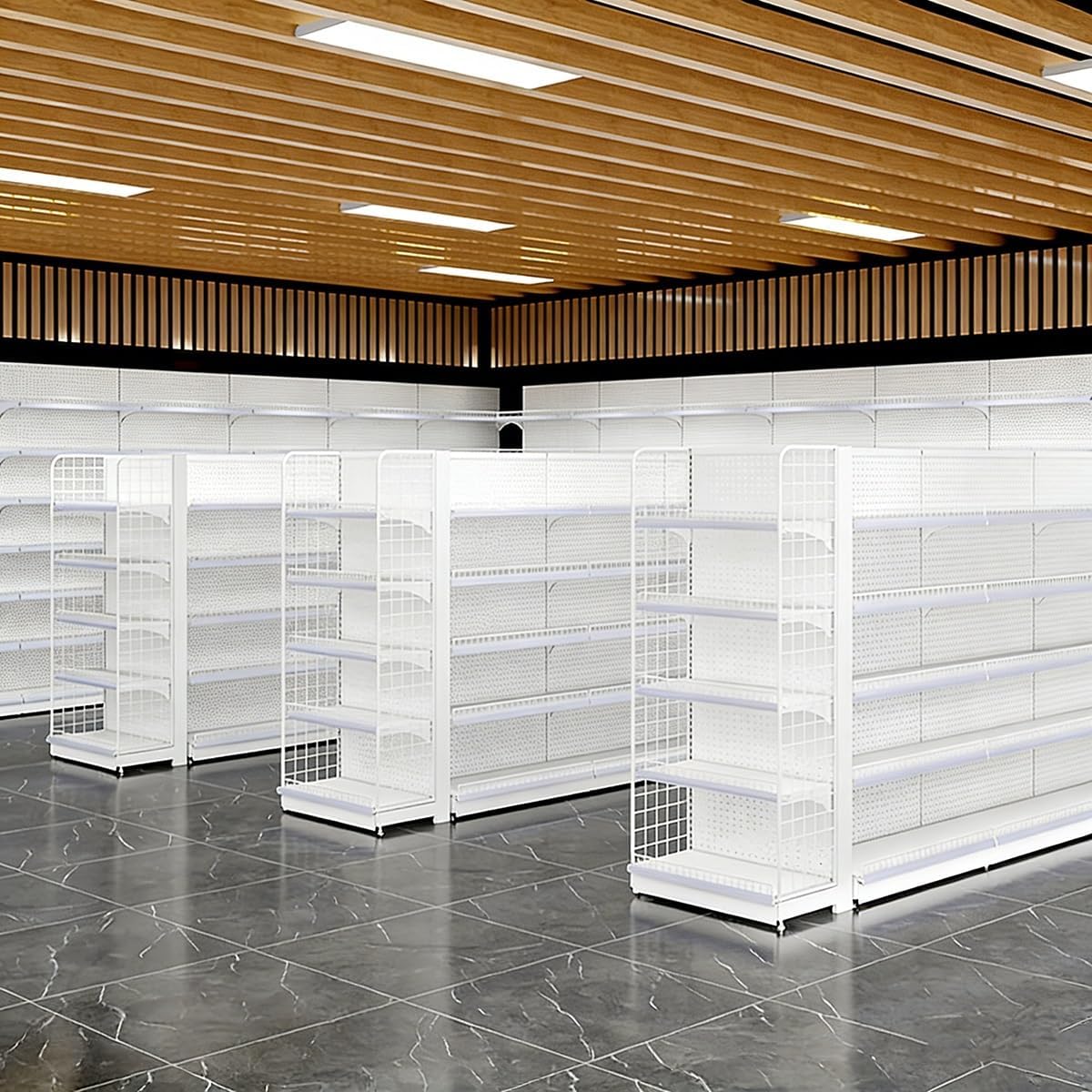 4/5 Retail Island Gondola Shelving Display, Double Sided Gondola Commercial Shelving, Supermarket Display Rack for Grocery, Liquor, & Convenience Stores(White,LxH 73x130cm/17x51in)