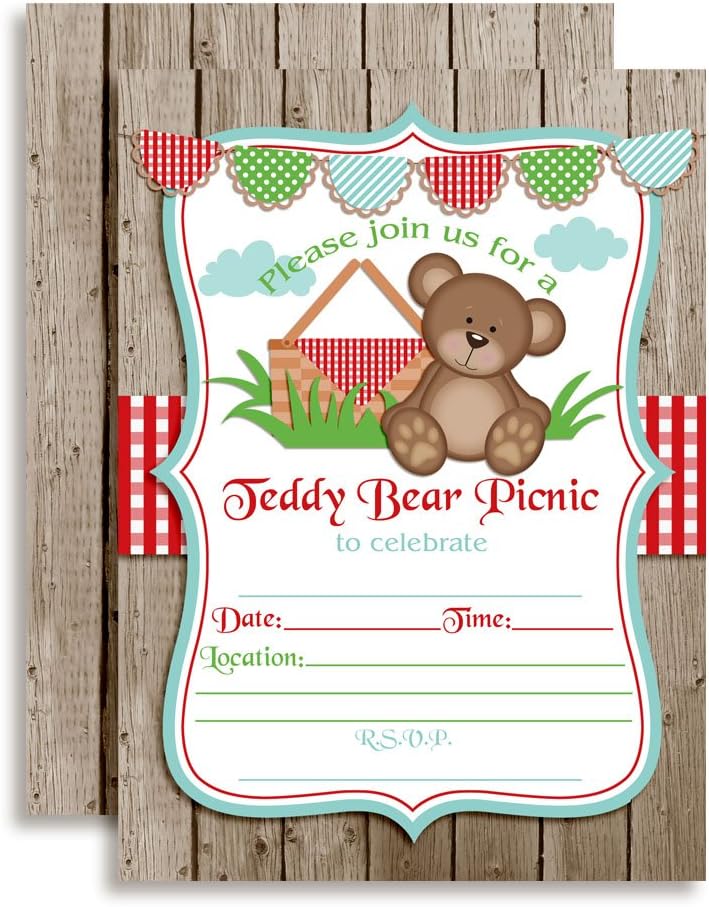 Teddy Bear Picnic Birthday Party Invitations, 20 5x7 Fill In Cards with Twenty White Envelopes by AmandaCreation