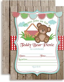 Teddy Bear Picnic Birthday Party Invitations, 20 5x7 Fill In Cards with Twenty White Envelopes by AmandaCreation