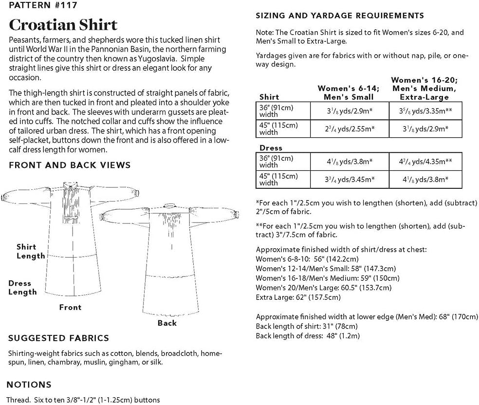Folkwear 117 Croatian Shirt Blouse Dress Farmer Peasant Shepherd Traditional Old Yugoslavia Sewing Pattern (Pattern Only) folkwear117