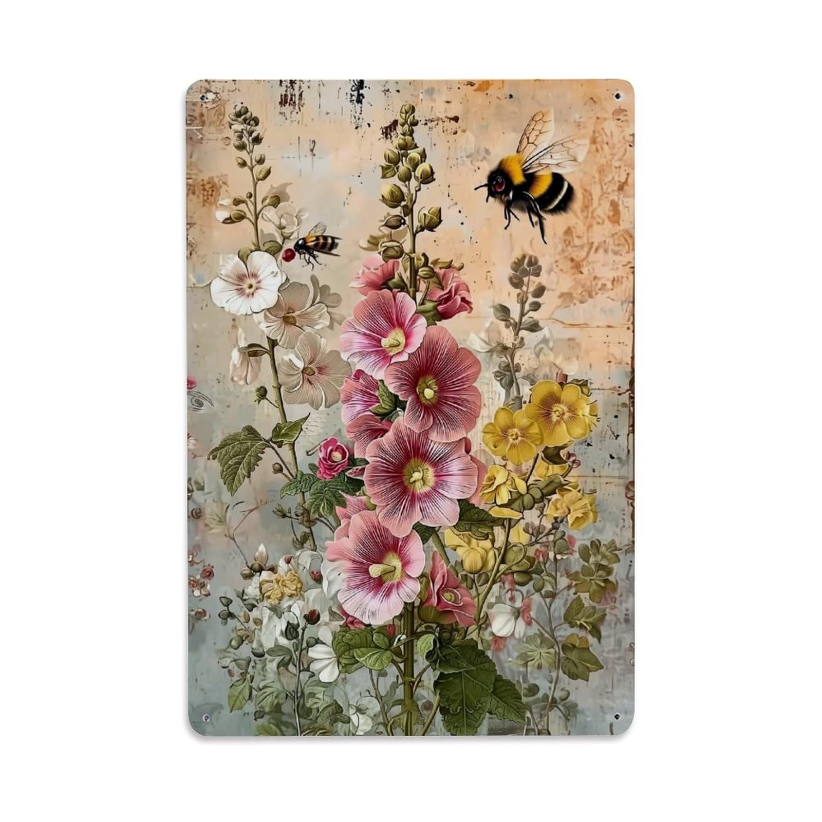 Jdfenggu Vintage Floral Bee Pollination Artwork Pattern Retro Metal Tin Sign, Decor Art Poster For Bar, Home, Man Cave, Kitchen, Laundry Room Gift 8X12inch