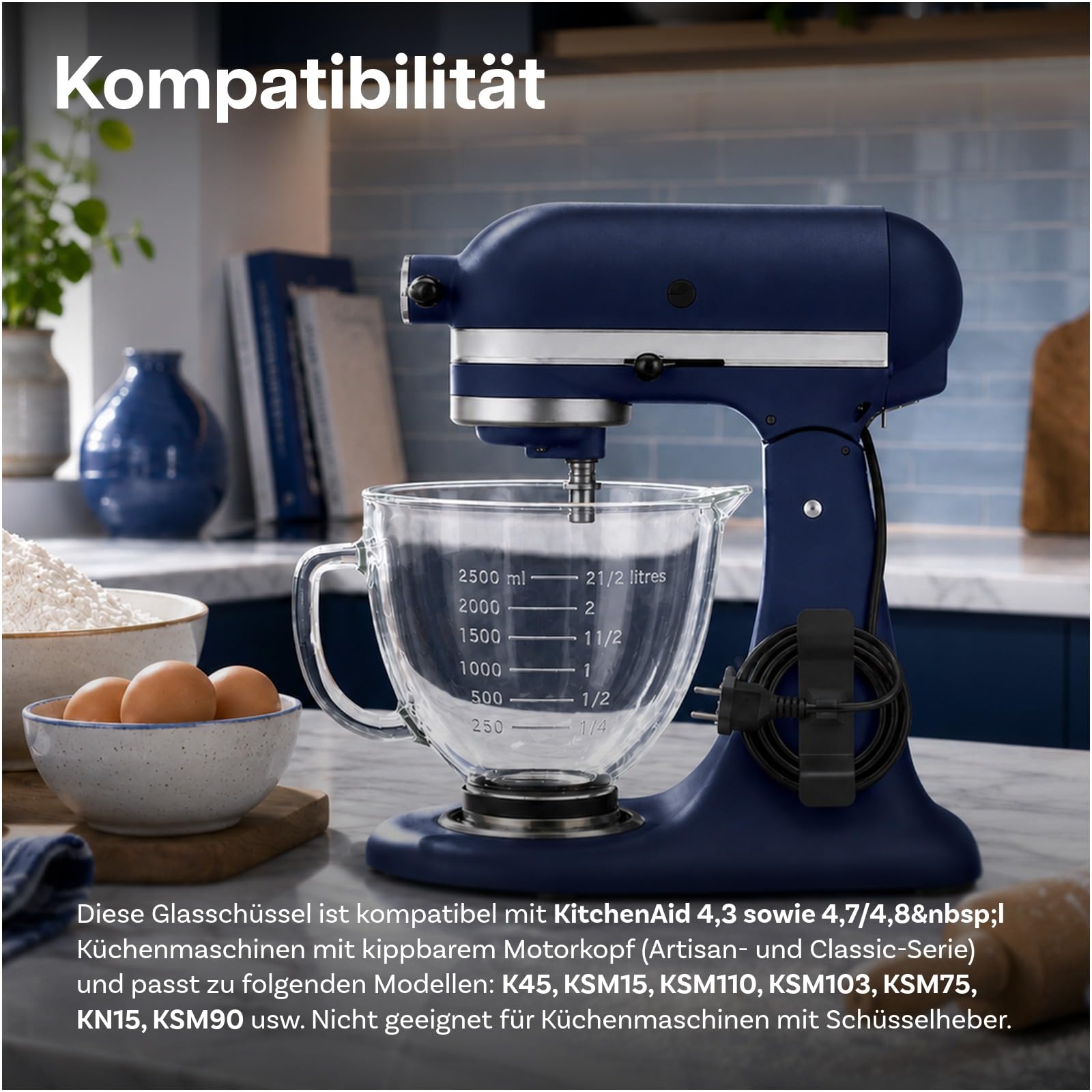 MMOBIEL Rührschüssel aus Glas für KitchenAid 4.3, 4.7/4.8L Artisan & Classic Serie Küchenmaschinen Zubehör 4.8L Glasschüssel mit Griff, Ausguss & Messmarkierungen – Nur Handwäsche