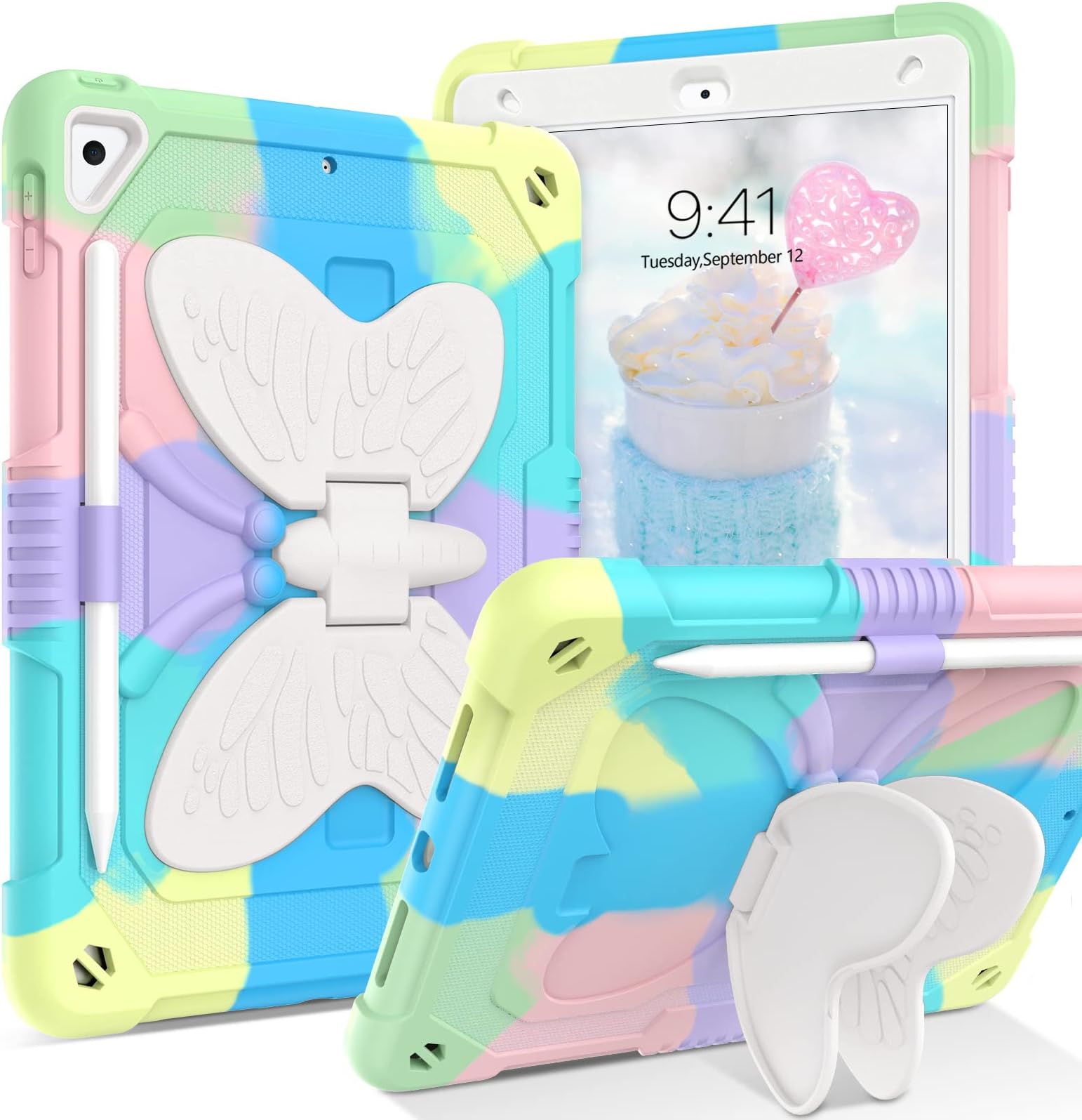 YINLAI for iPad 10.2 Inch Case,iPad 9th 8th 7th Generation Case,iPad air 3 Case,iPad Air 3rd Gen Kids Girls Butterfly Kickstand Shockproof Protective Cover with Pencil Holder, Colorful Green