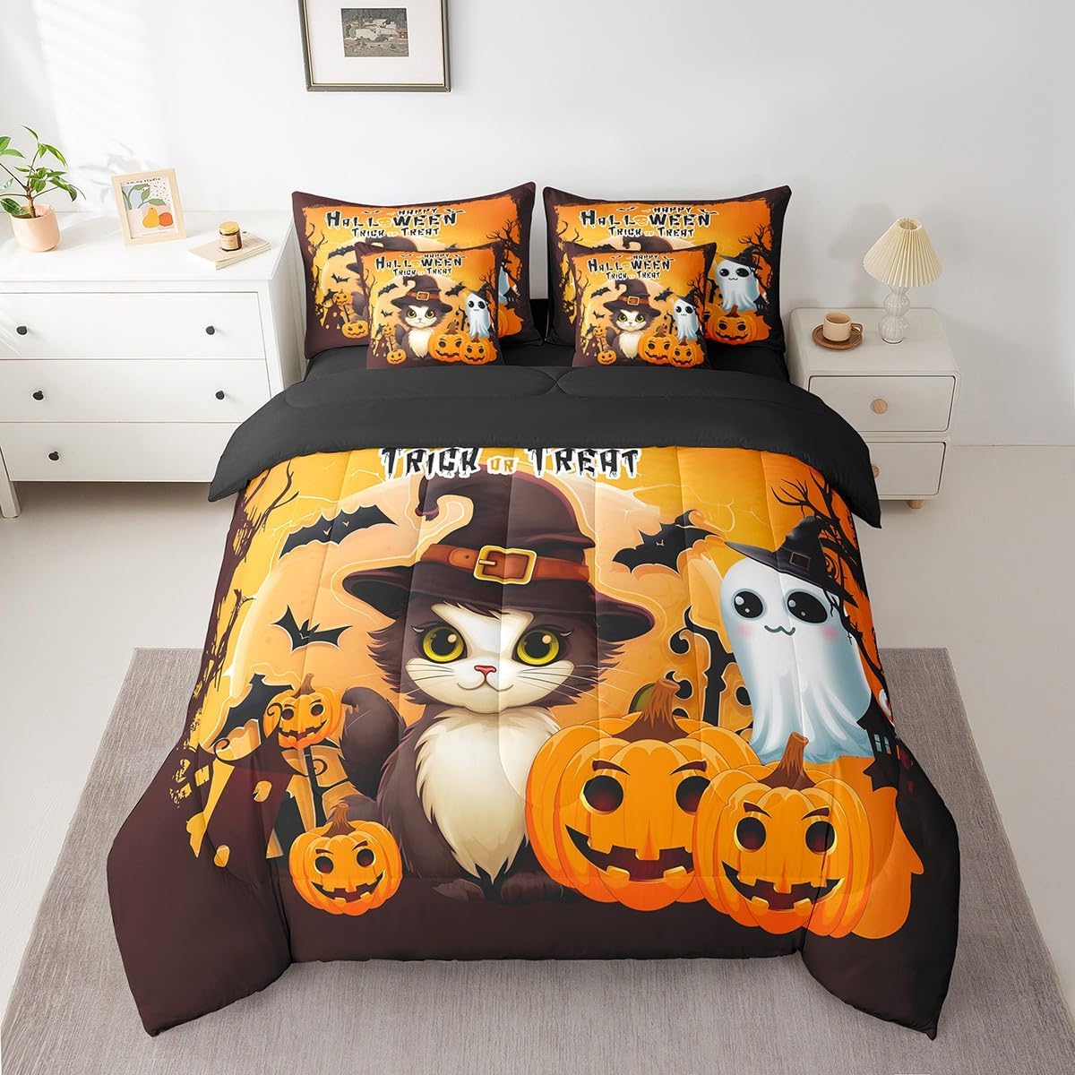 7 Piece White Ghost Spider Bed in a Bag Full Cute Cool Cat Happy Halloween Sheet Set Gothic Halloween Pumpkin Lantern Bats Bedding Comforter Trick Or Treat Themed Cushion Covers