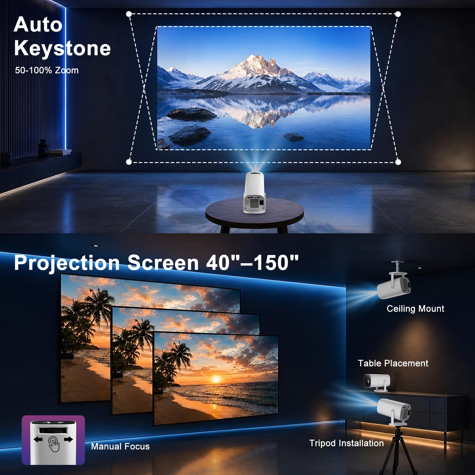 Mini Beamer 4K Unterstützt, Tragbarer Projektor mit WiFi 6 BT 5.4, Auto Keystone, 180° Dreh, weiß