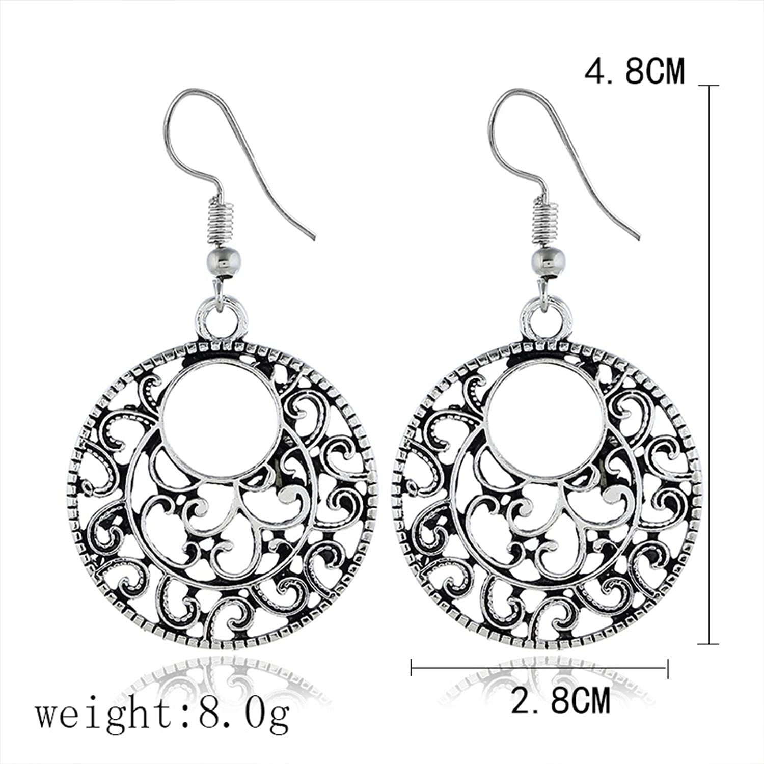 KaFu Bohemian Vintage Handmade Lightweight Silver Hollow Dangle Drop Earrings Gypsy Lightweight Filigree Disc Charm Ethnic Tribal Hoop Earrings for Women Girls - Image 2
