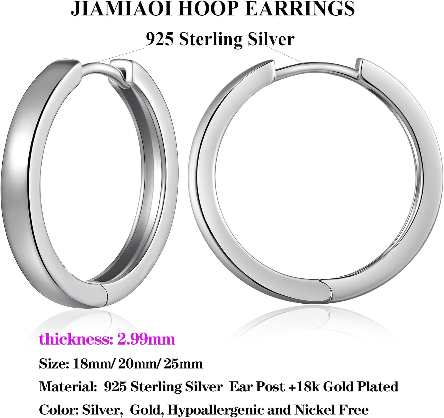 Jiamiaoi Huggie Hoop Earrings For Men Women,Silver Hoop Earrings 18mm/21mm/25mm, Nickel Free Earring Hoops for Sensitive Ears