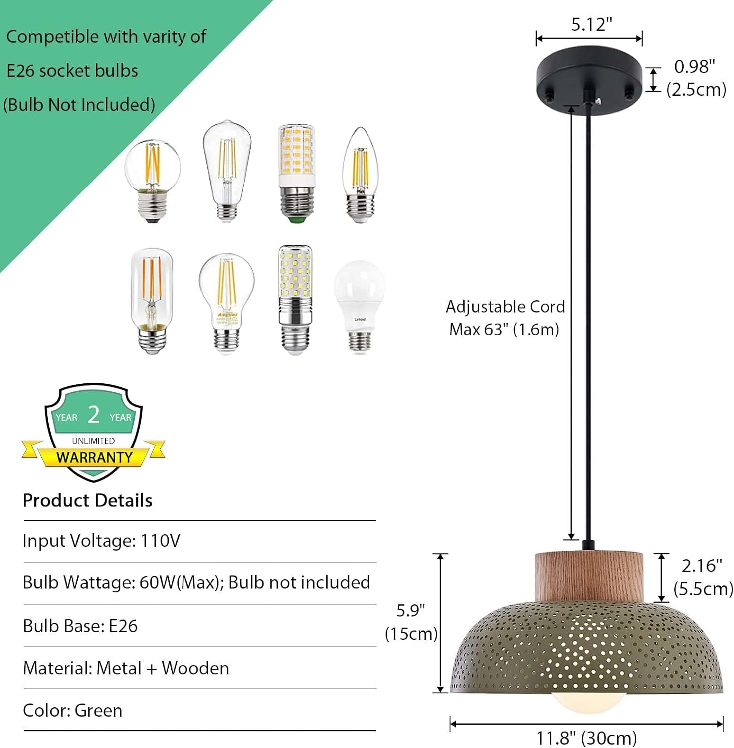 Contemporary Pendant Light,Wood Accent,Dome Metal Shade with Perforated Pattern,Green Pendant Lighting Fixture for Kitchen Island,Dining Room,Living Room - - 