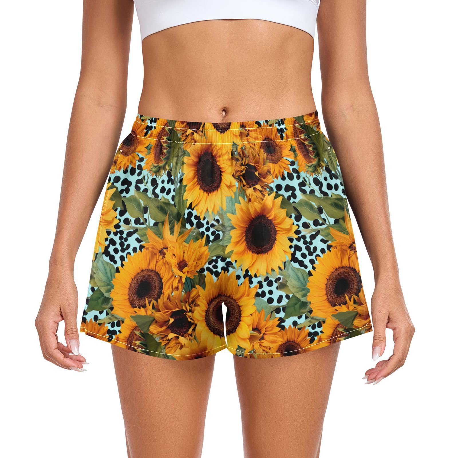 UMIRIKO Women's Athletic Shorts Sunflower Green Leopard Running Shorts Sporty Short Gym Elastic Workout Shorts 202a3754