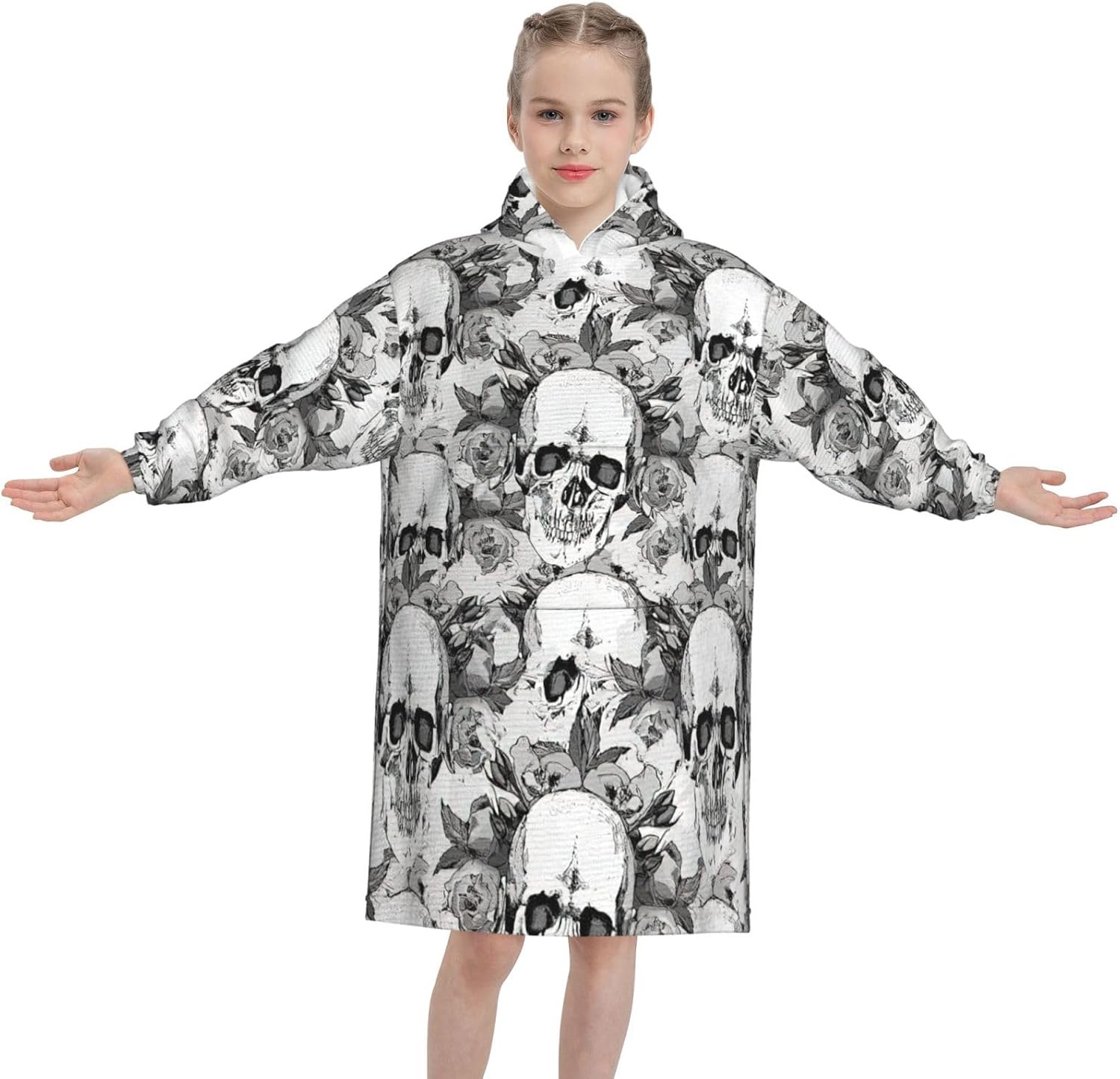 Skull Skeleton Print Oversized Blanket Hoodie, Wearable Blanket Hooded,Hooded Pullover With Pocket