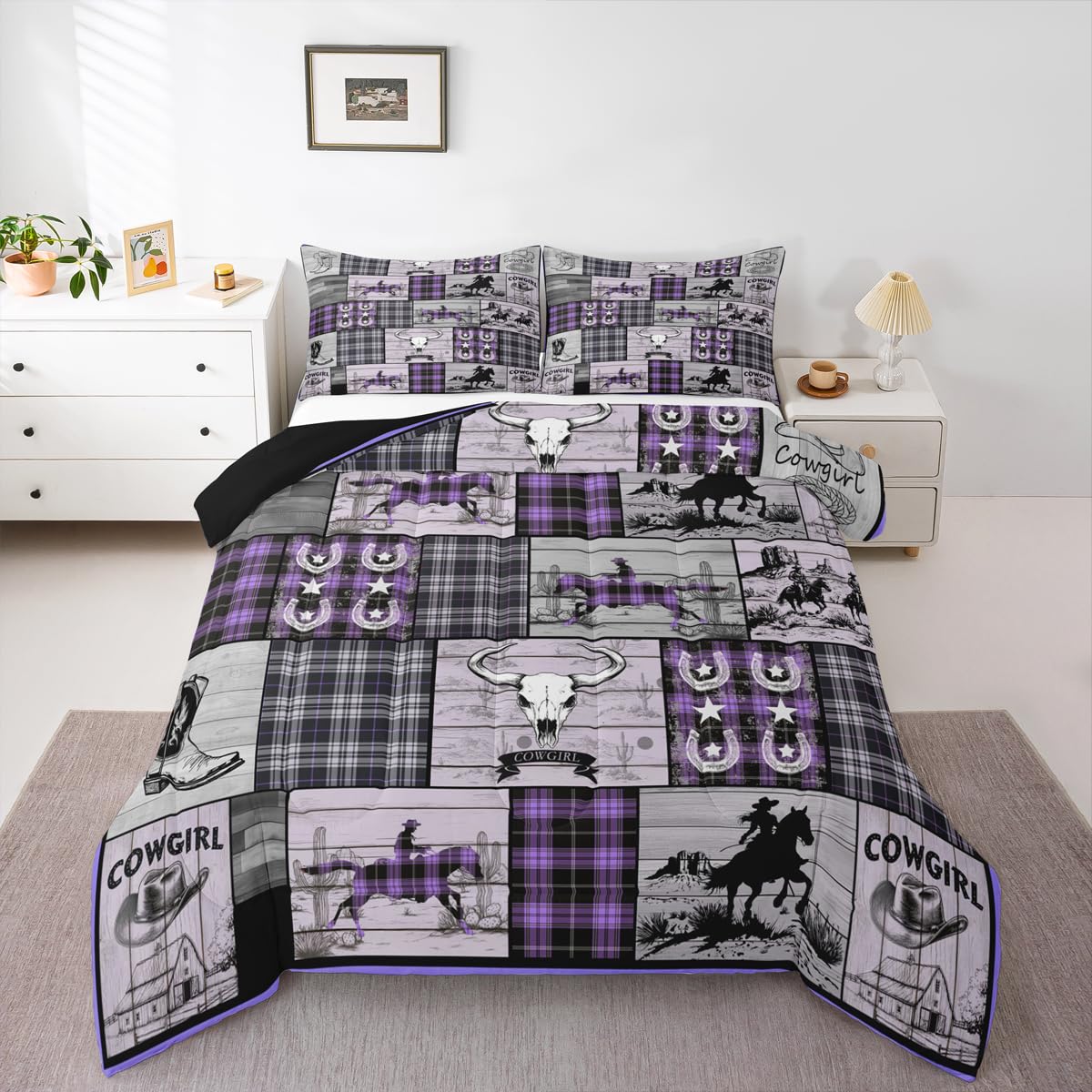 Edredón individual morado de vaquera occidental Erosebridal con fundas para cama juvenil