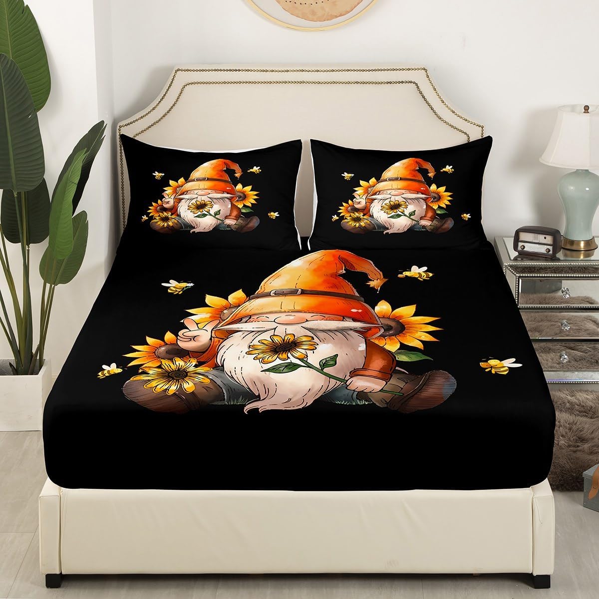 Erosebridal Gnome Sheet Set Queen Size Rustic Gnome Bed Sheets for Teens Adult Spring Sunflower Honey Bees Bedding Set Vintage Garden Fitted Sheet + Flat Sheet + 2 Pillow Shams Wrinkle Free