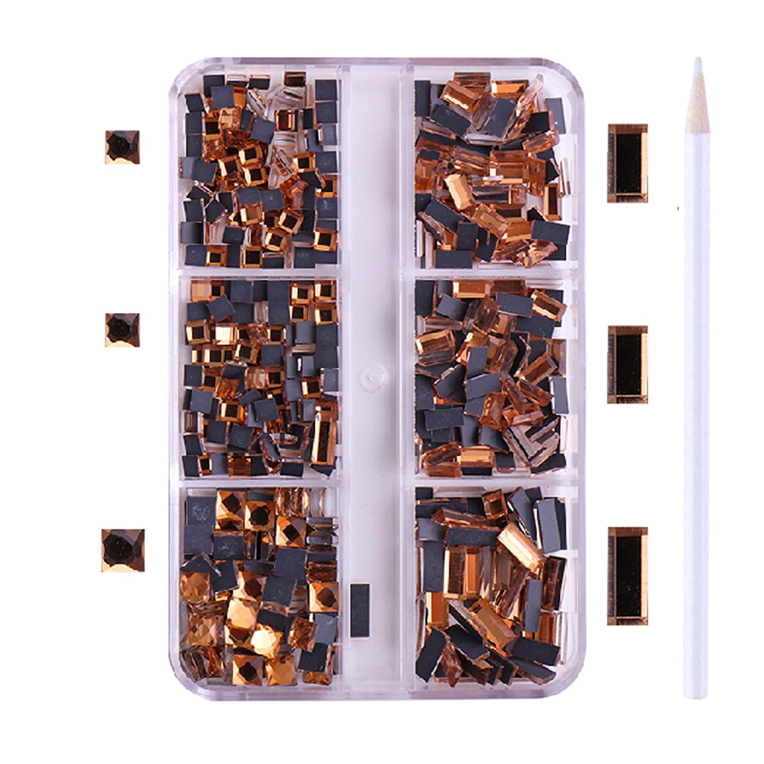 JERCLITY450pcs Peach Color Square Rectangle Flatback Nail Rhinestones for Crafts 4 Mixed Sizes Square Glass Gems Crystals Jewels for Nail Art With Picking Rhinestones Pen (Width:3.0mm-7.0mm)