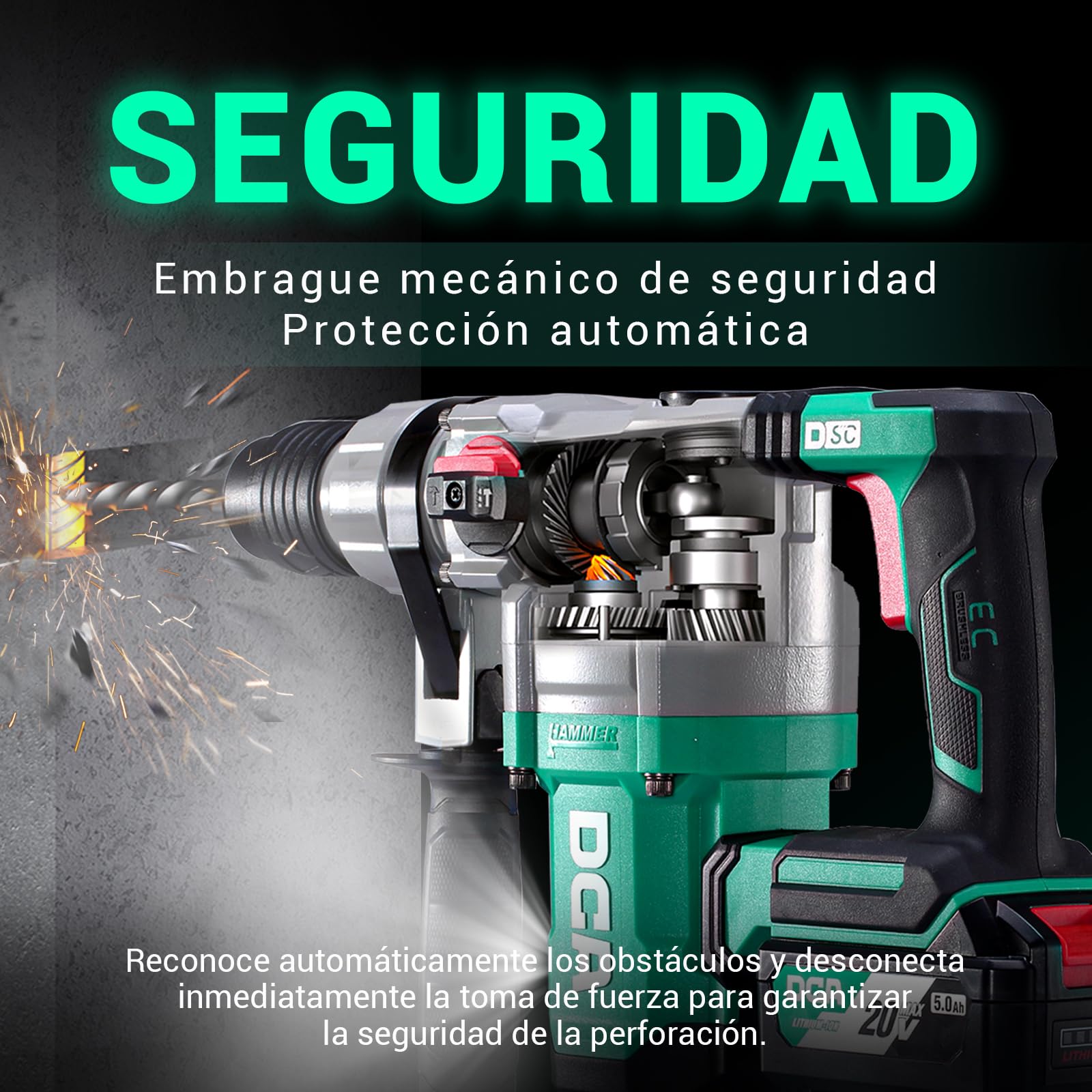 DCA Martillo Perforador sin Cable 20V, 4.5 J de Energía de Golpe y 3800 BPM, 4 Piezas 28mm SDS-Plus, Motor de Alto Rendimiento para Martillo Perforador sin escobillas, Batería 5.0Ah, Cargador Rápido 4