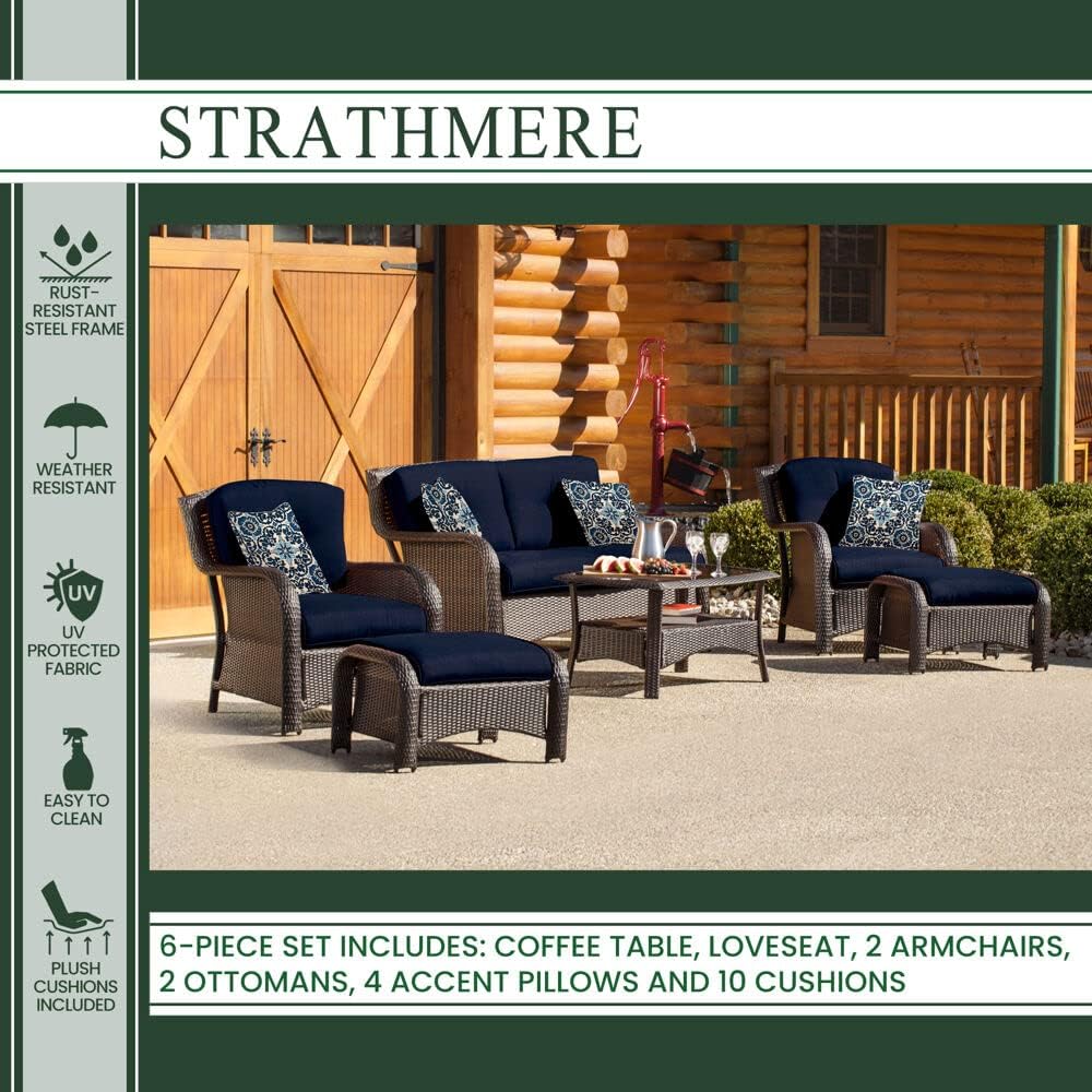 Hanover Strathmere 6-Piece Outdoor Patio Conversation Set, 2 Side Chairs with Ottomans, Loveseat and Tempered Glass Coffee Table, with Hand-Woven Wicker and Thick Navy Cushions, STRATHMERE6PCNVY : Patio, Lawn & Garden
