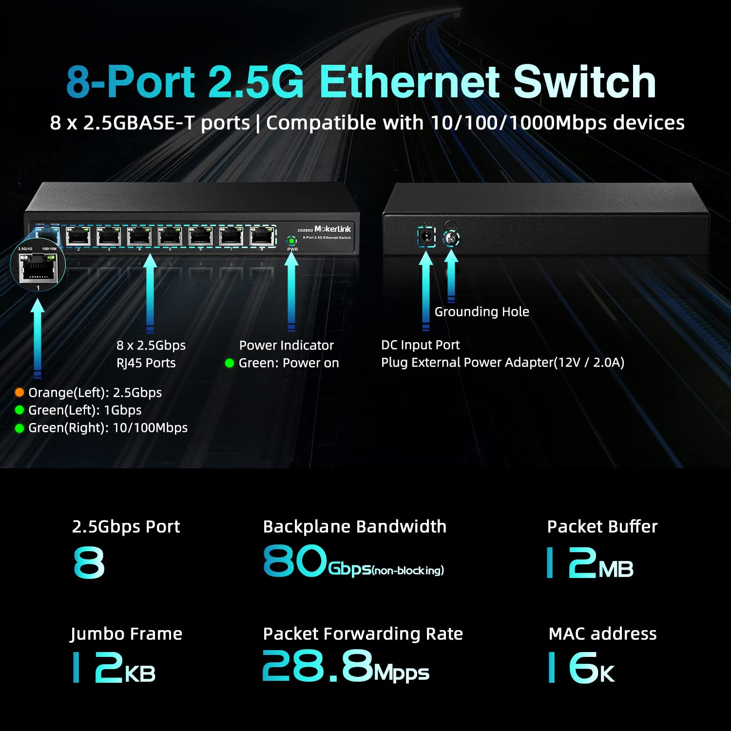 MokerLink 8 Port 2.5G Ethernet Switch, 8 x 2.5GBASE-T Ports, Compatible with 10/100/1000Mbps, Metal Unmanaged Fanless Network Switch