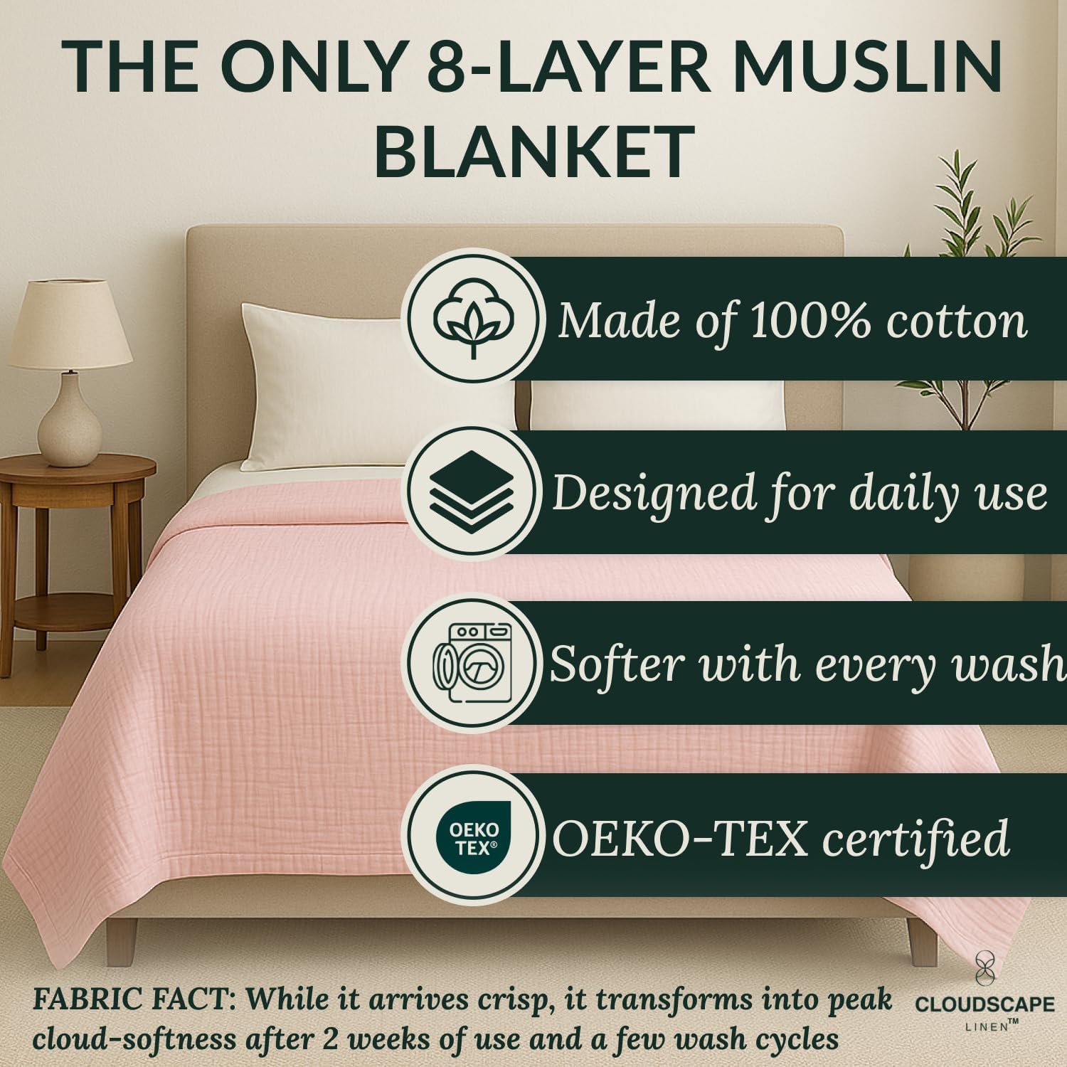 Cloud Scape Linen 8-Layer Muslin Blanket King Size for Adult - 100% Cotton, Breathable and Soft, Perfect Winter Cozy Blanket, Fits up to California King Bed, 92x108, Seashell Pink - Image 2