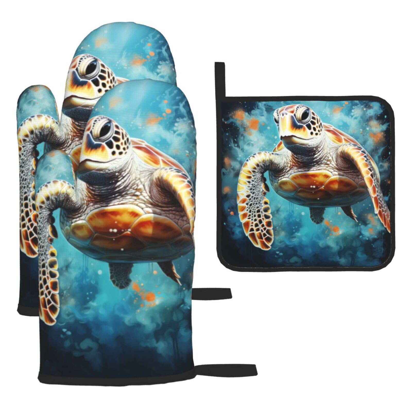 Turtles swimming in the dark Oven mittens and oven mitts three-piece set suitable for oven, grilling, baking, microwave and home cooking.