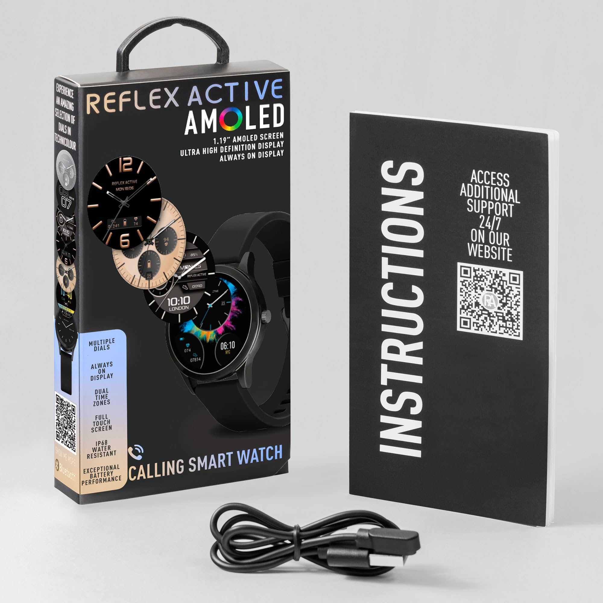 Reflex Active Seria 31 Amoled Smart Calling Watch dla kobiet i mężczyzn z Bluetooth, 3.9 cm, monitor aktywności, tlenu we krwi, monitorowanie tętna i czarny silikonowy pasek, kompatybilny z systemem
