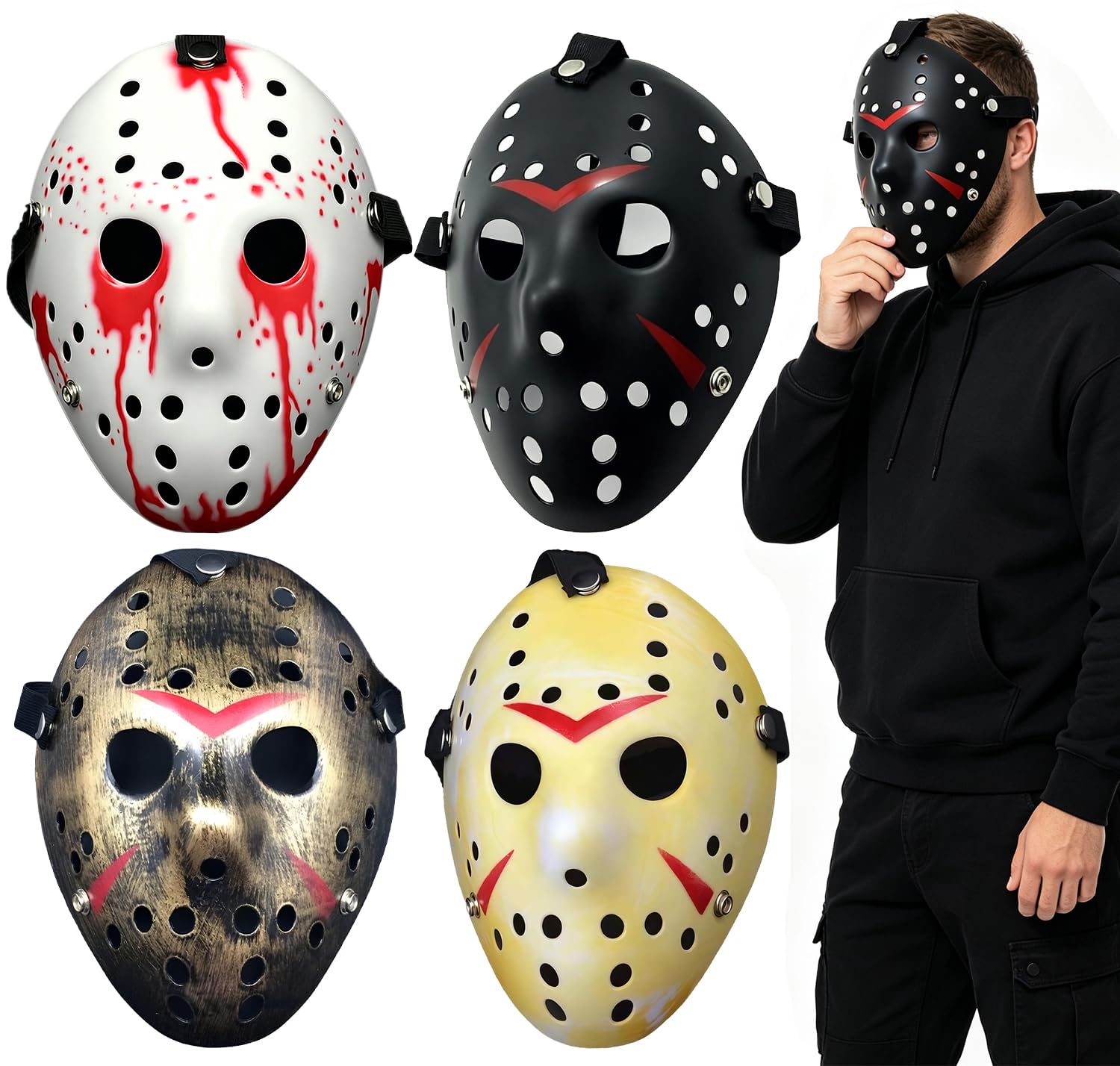 KJoySvquxt Horror Hockey Killer Mask, Halloween Scary Killer Costume Face Mask, Halloween Costume -4pcs