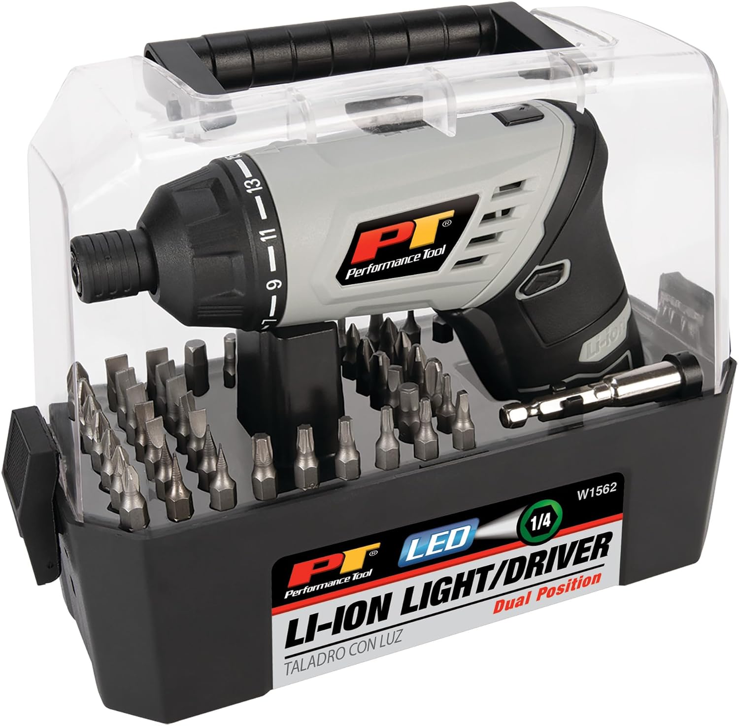 Performance Tool W1562 3.6V Rechargeable Electric Screwdriver Set | Two-position swivel handle. 1/4-in. rapid change chuck. 15+1 clutch. Built-in 120 lm flashlight. Includes 50 bits