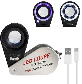 40X Rechargeable Jewelers Loupe Magnifier Magnifying Glass with LED/UV Lights Pocket Folding Loupe Magnifier 22mm Lens Metal Construction Illuminated Jewelry Loop for Gemstone, Stamp, Coin, Textile