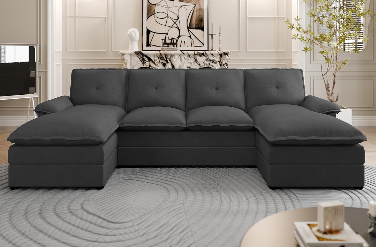 U Shaped Sectional Couches for Living Room,110" Modern Big Sofa Couch with Double Chaise,4 Seat Modular Sofa Couches with Thick Cushion & Soft Backrest,Black