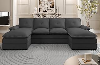 U Shaped Sectional Couches for Living Room,110" Modern Big Sofa Couch with Double Chaise,4 Seat Modular Sofa Couches with Thick Cushion & Soft Backrest,Black