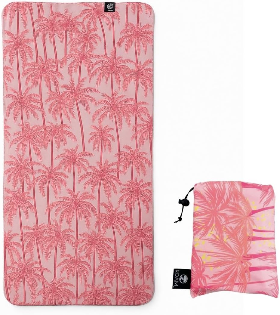 ROAM UPF Pool/Beach Towel, Sunscreen Towel, UV Protection, UPF 50+, Sand Free, Absorbent, & Quick Drying for Swimming, Beaches, Camping, & Travel (28.5" x 58.5", Pink Palms)