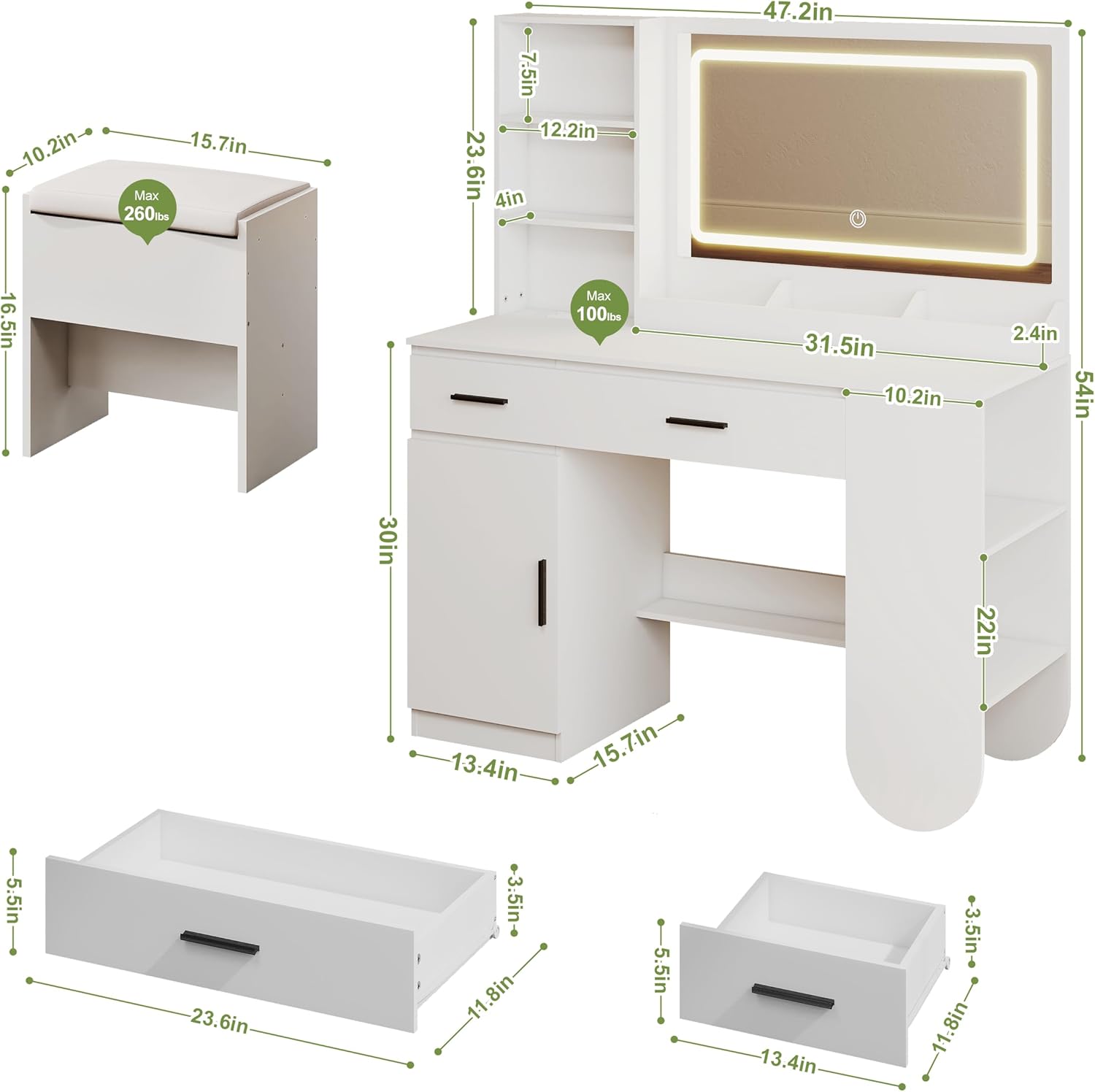 GOODONE 47'' Wood Vanity Desk with Mirror and Lights, Makeup Girls Vanity Set with 2 Drawers, 2 Storage Shelves & 1 Cabinet, Power Outlet, Stool, Dressing Table for Bedroom, White
