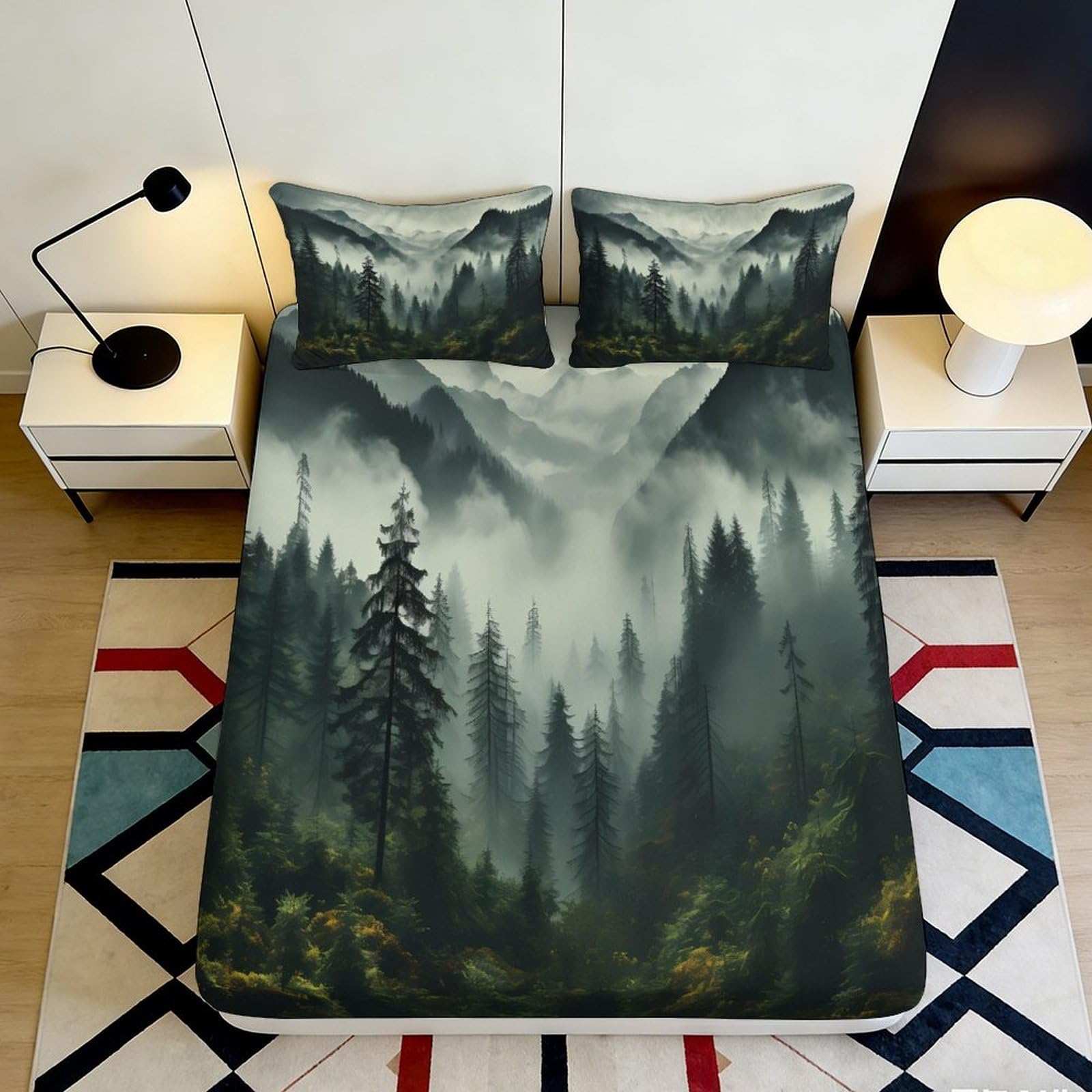 3D Printed Misty Pine Forest Fitted Sheet Microfiber Soft Breathable Mountain Landscape Mattress Cover for Bedroom Dorm Decor 200x200x25cm