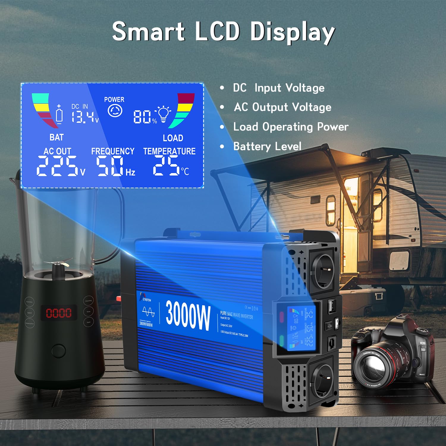 Convertisseur 3000W/6000W 12v 220v Pur Sinus Onduleur, 2 Prises UE, 2 Ports USB+Type-C, adapté aux appareils électroménagers, Camping,Camion