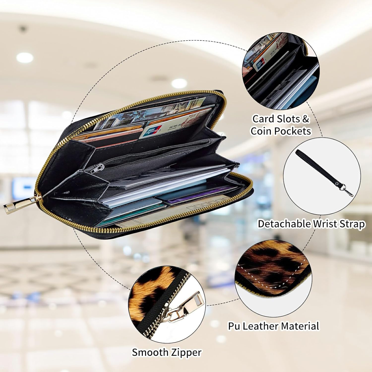 Womens Wallet, Large Capacity RFID Blocking PU Leather Wristlet Wallets for Women Ladies Men Credit Card Holder Zipper Wallet Phone Holder Clutch Travel Purse, Leopard Prints - Image 3