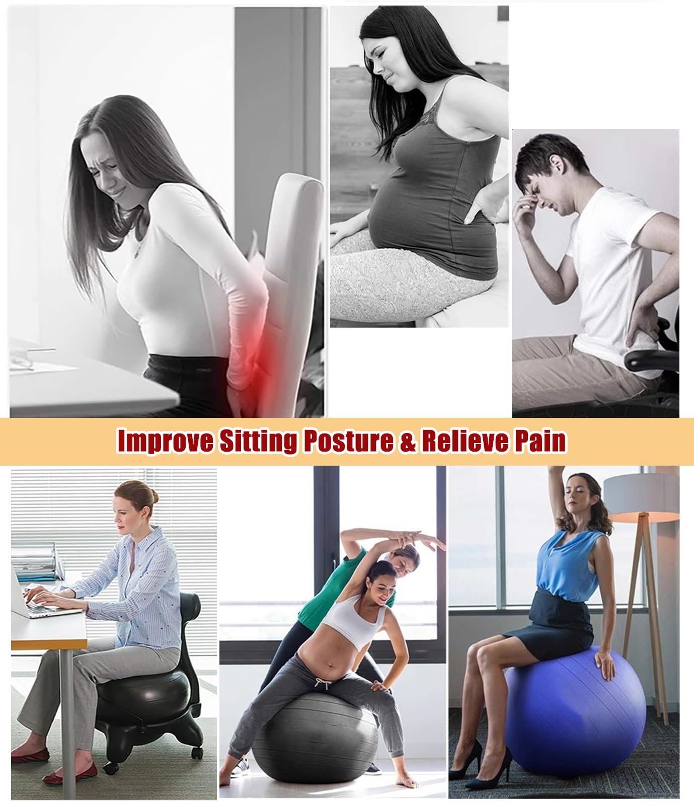 Chaise d'exercice de Bureau avec Ballon D'équilibre, Chaise de Yoga avec Support Ergonomique pour Une Bonne Posture, Siège à roulettes avec Boule de Confort et de Stabilité pour Tous(Black)