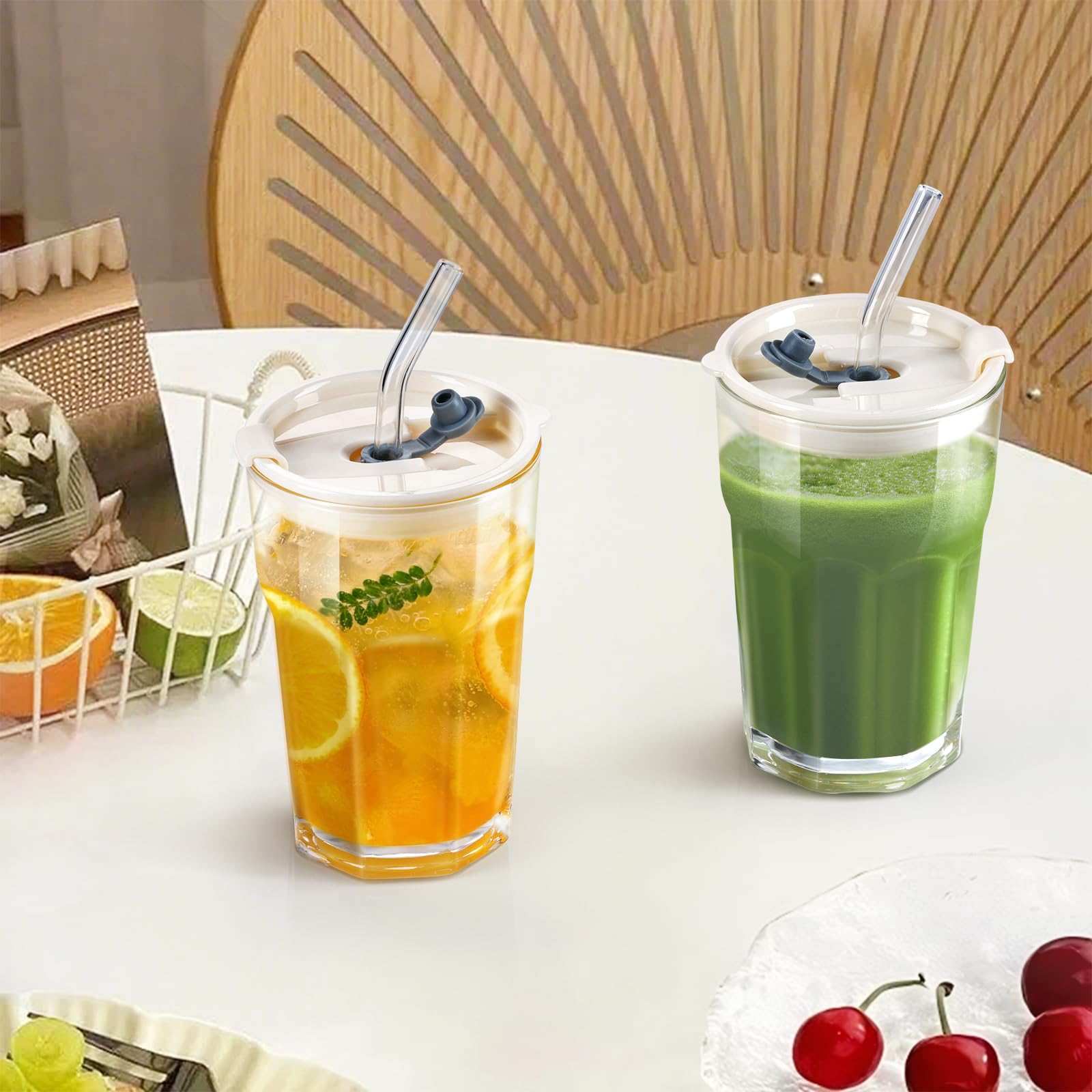 ecooe 430 ml żebrowane szklane kubki z pokrywką i słomką, 2 sztuki, szklane kubki do smoothie, mrożonej kawy, hermetyczne, wodoodporne szklanki do kawy, szklanki do picia soku matcha latte, mleka