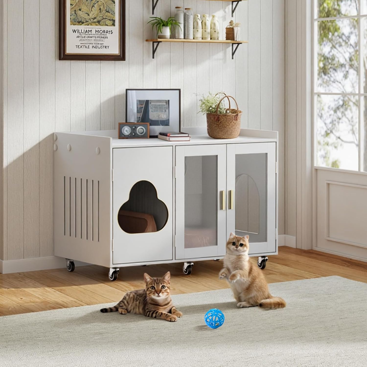 Cat Litter Box Enclosure, Large Cat Litter Box Furniture Transparent Glass Door, Fit Most of Litter Box, Modern Indoor Partitioned Cat House, End Table, 39.4 X 21.7 X 24.8 Inches, White