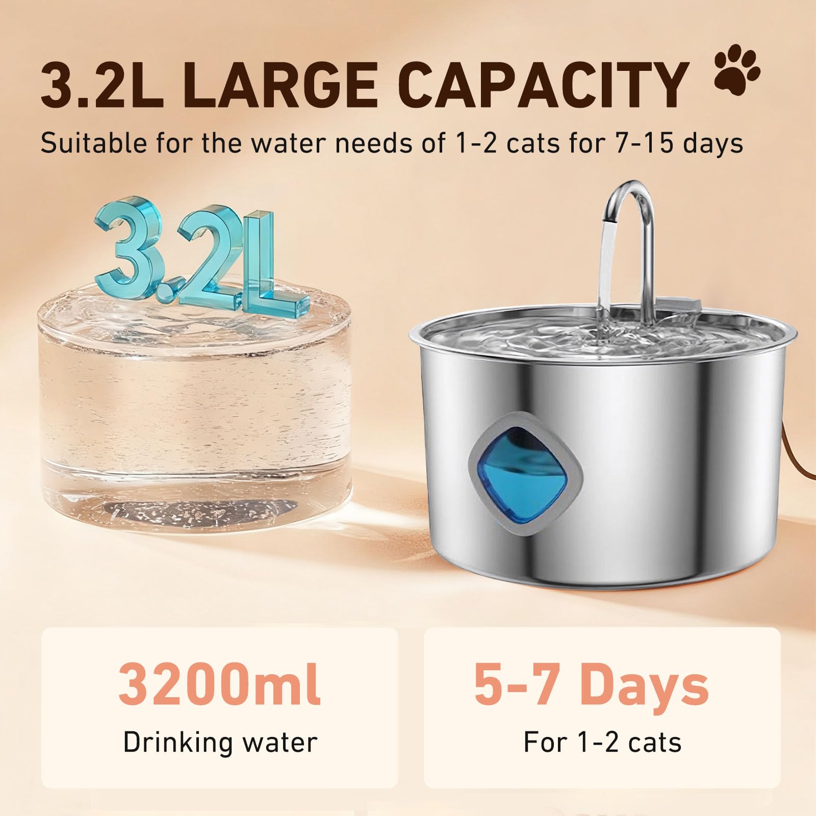 Cat Water Fountain Stainless Steel, 3.2L/108oz Pet Water Fountain for Cats & Small Dogs, Ultra-Quiet Indoor Drinking Fountain - image 2