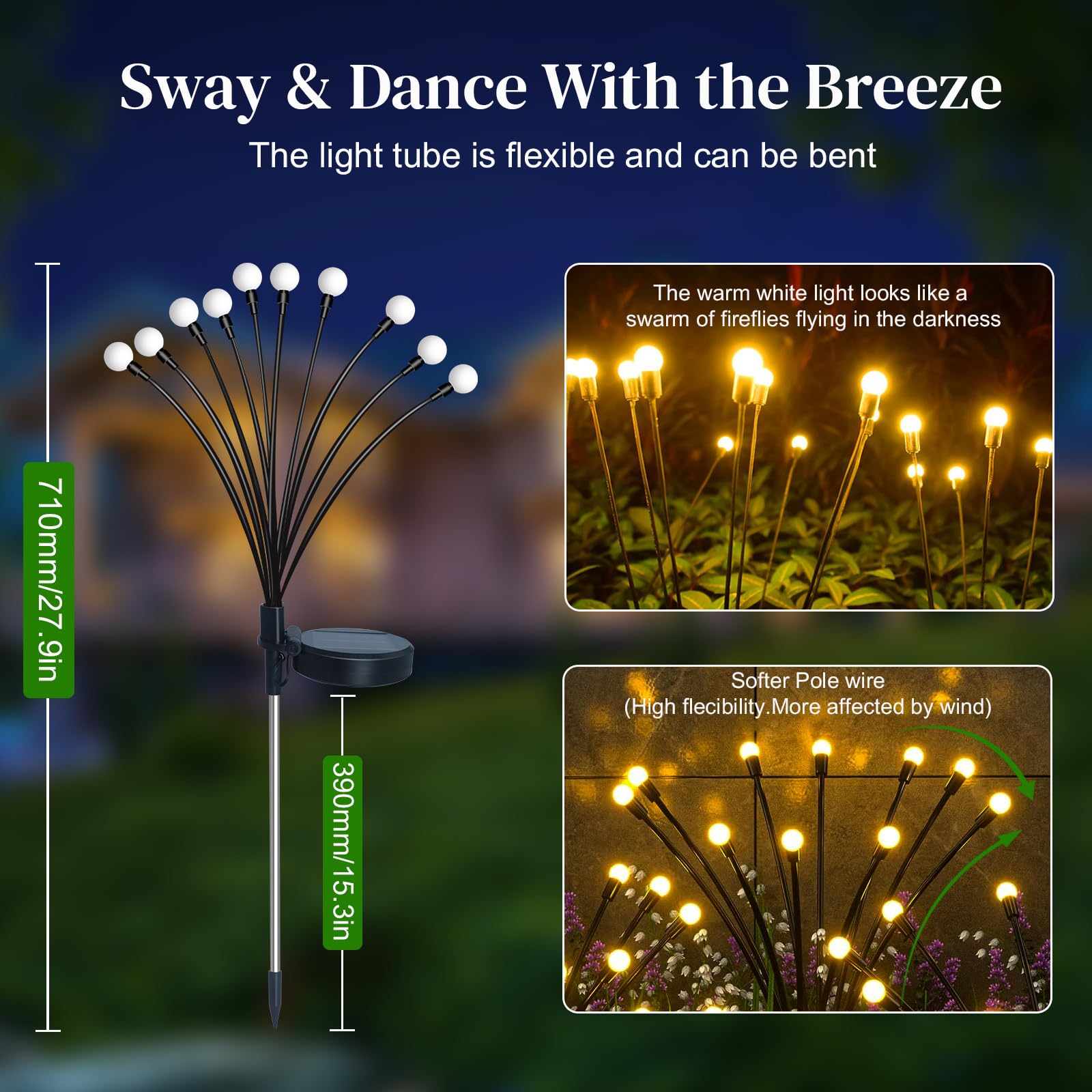 4 Pièces Luciole Solaire Exterieur Jardin, 10 LED Lumières Solaires Lucioles, IP65 Étanche, Balancer Lumière Solaires, Exterieur Décoration pour Jardin, Chemins, Passerelle, Balcon(Blanc Chaud)