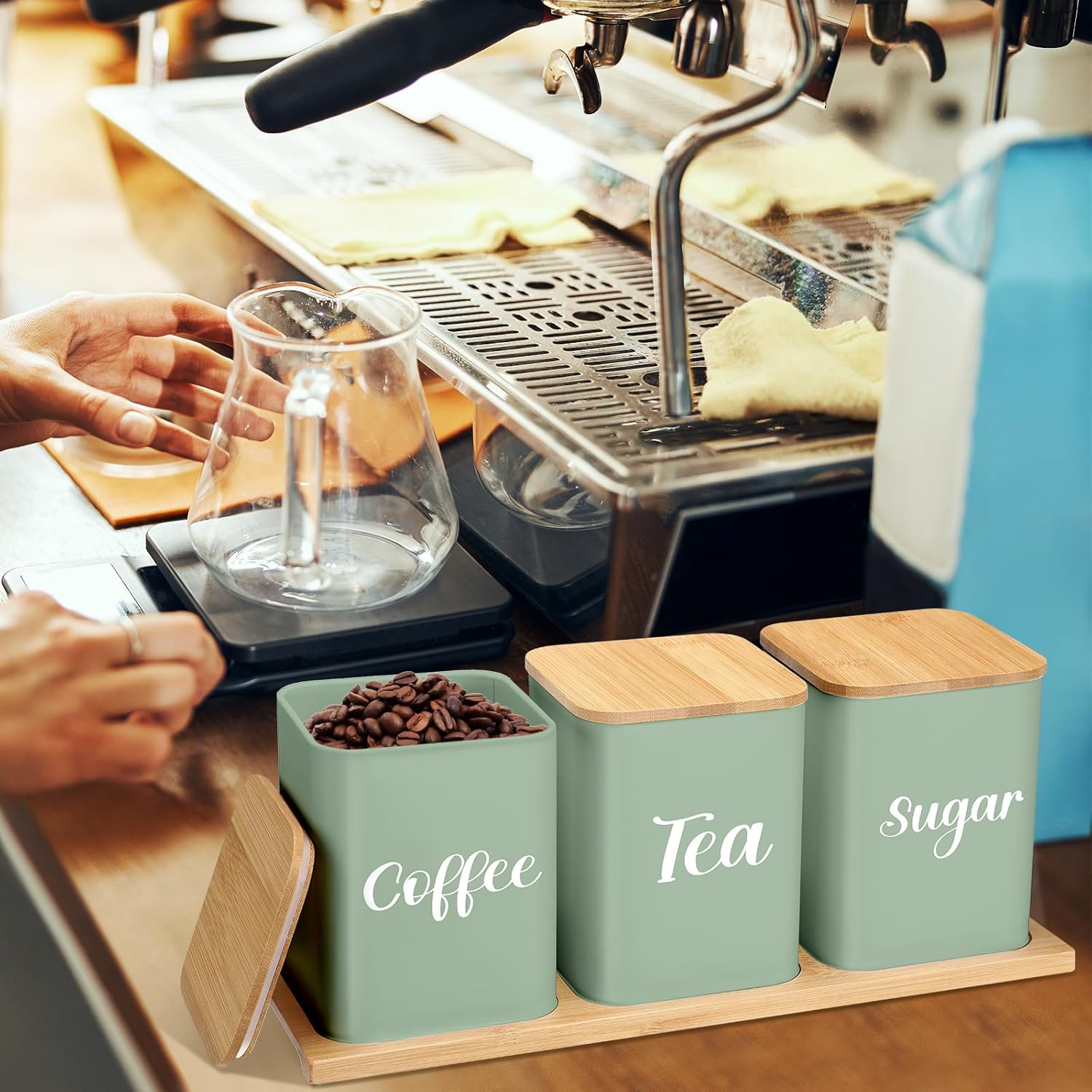 Tioncy Coffee Tea Sugar Container with Tray Set of 3 Airtight Metal Canister with Bamboo Lid Tray for Kitchen Counter Dining Room Farm House Kitchen Style Drink Station Organizer Set (Sage Green)