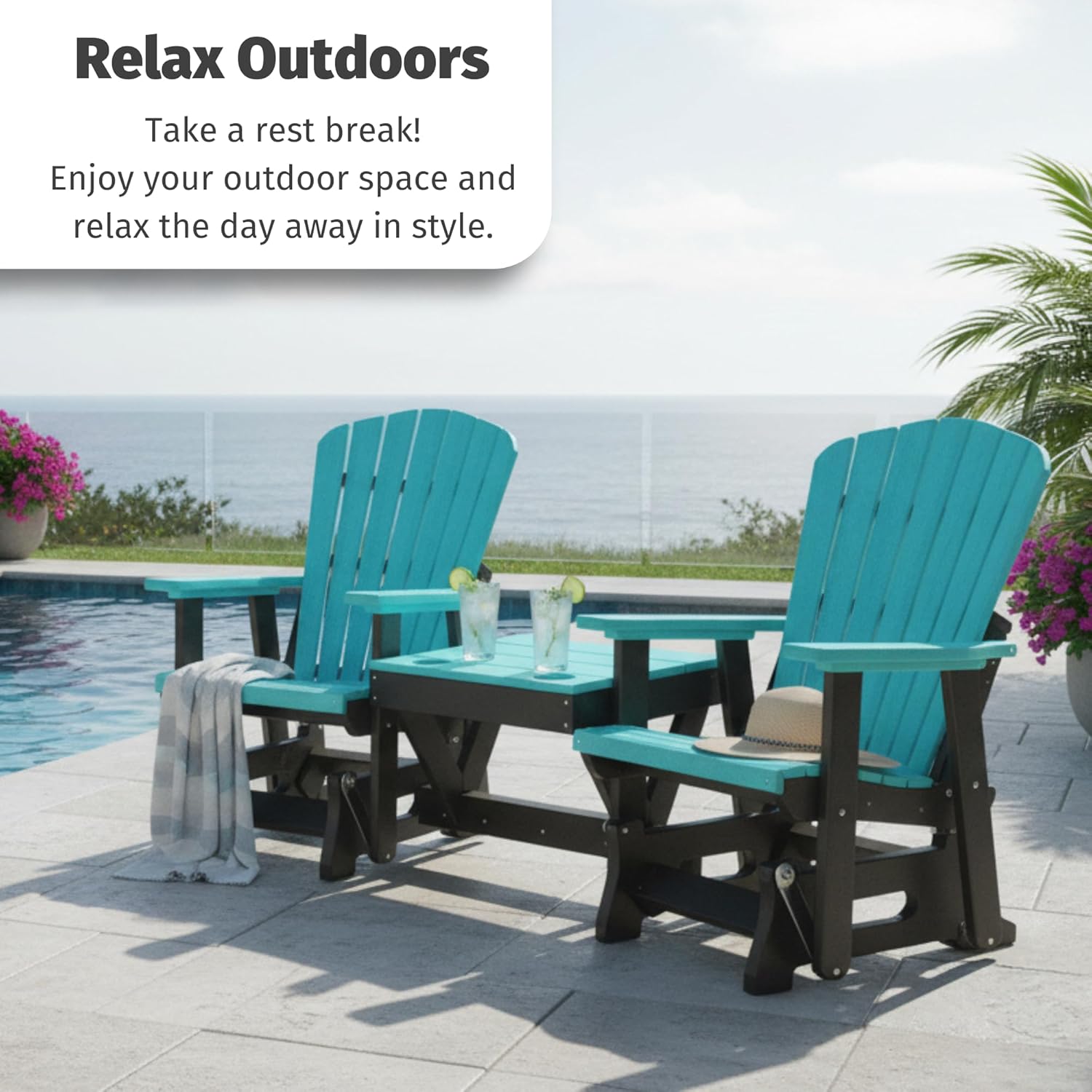 DutchCrafters Slat Fan Back Double Poly Adirondack Glider Outdoor Patio Chairs with Center Table (White & Light Gray)