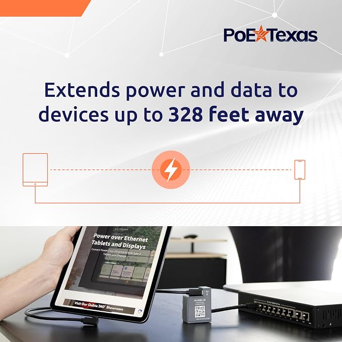 Adaptador PoE Texas de PoE+ a USB-C para Alimentación y Datos, hasta 100 m | Para Tablets y Dispositivos POS y Señalización Digital - IEEE 802.3at PoE+ a USB-C Power Delivery miniatura 4
